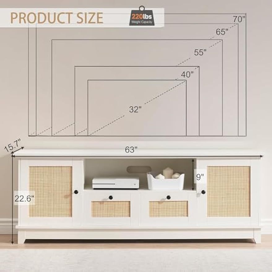 Elegant White Rattan TV Stand - Modern Entertainment Center for 65/70 Inch TVs, Featuring 2 Drawers, 2 Cabinets & Adjustable Shelf | Durable MDF & Natural Rattan Accents | Ideal for Stylish Living Rooms, Tv Console for Living