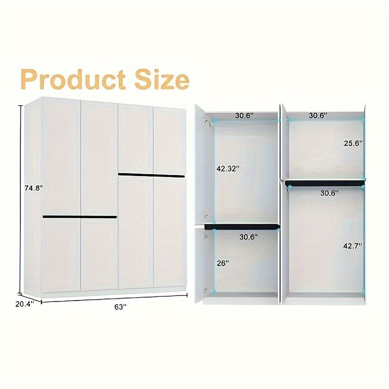 Armoire Wardrobe Closet With 4 Doors, 2 Hanging Rods, 2 Shelves, Wooden Closet Storage Cabinet For Bedroom, Portable Closets