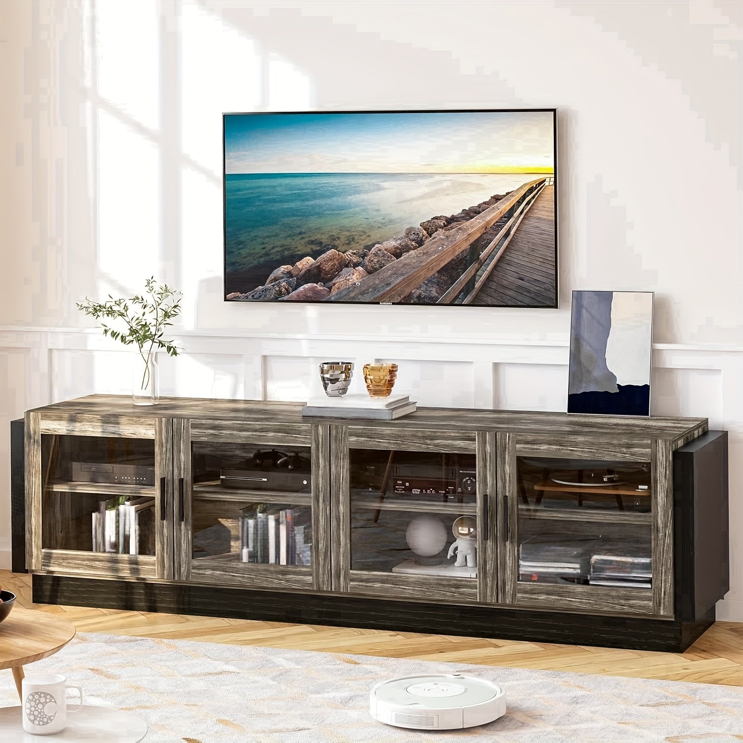 Office LED TV Stand, 70 Inch Large Entertainment Center For TVs Up To 70/75/80 Inch With LED TV Storage Cabinet With 4 Glass Doors, TV Console For Office, Studio, Souvenir Cabinet, Brown