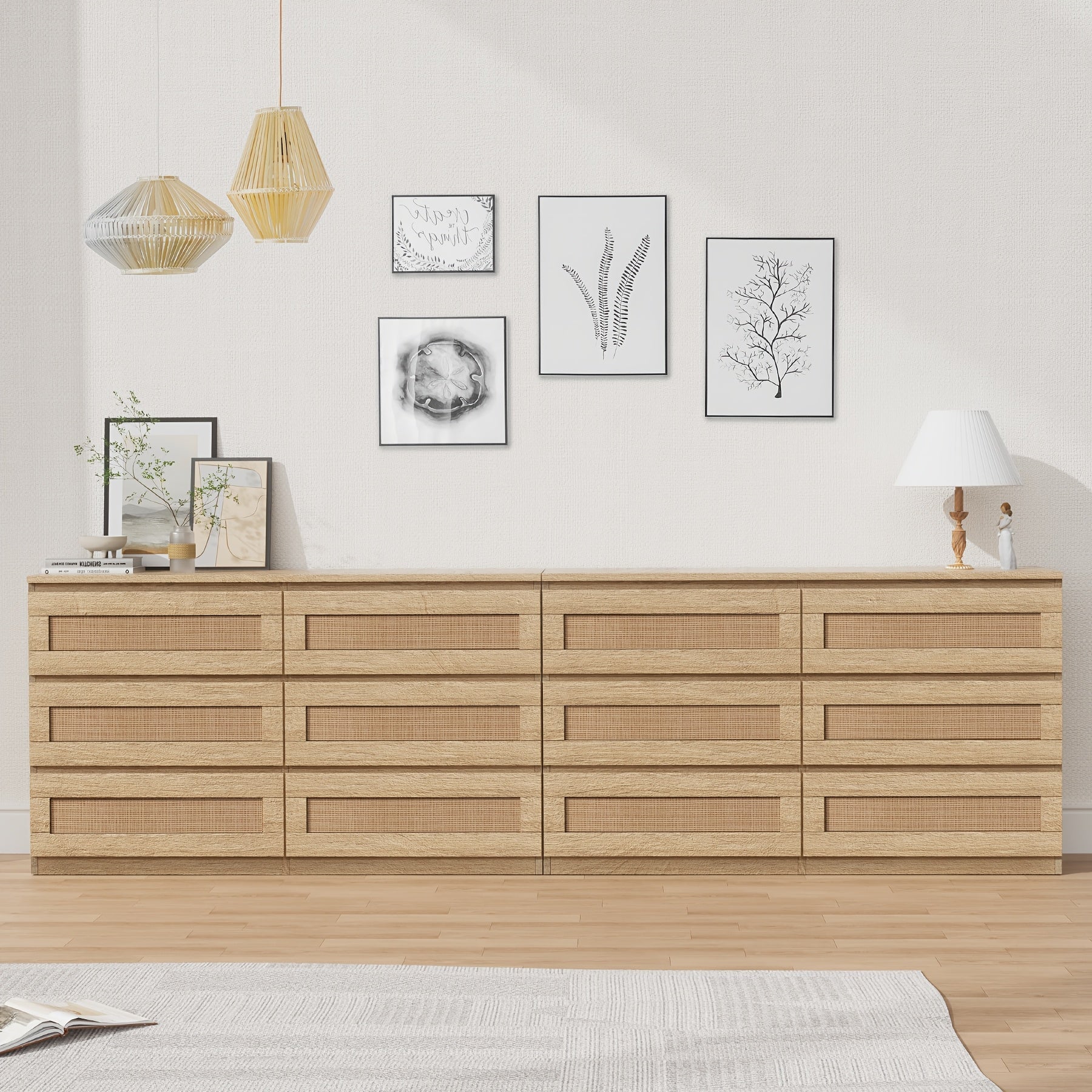 Rattan Dresser For Bedroom, Modern 6 Drawer Double Dresser With Anti-Tip Kit, Wood Storage Wide Chest Of Drawers For Bedroom, Living Room, Hallway, Natural