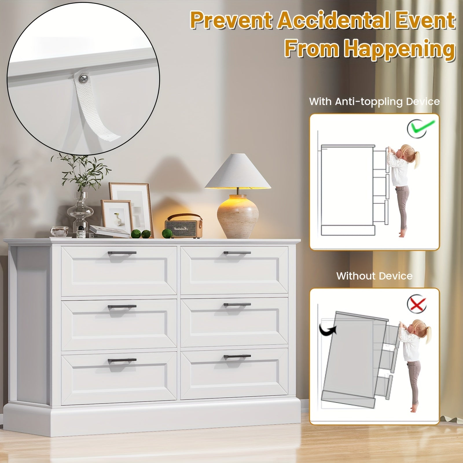 6 drawer dresser Wooden Modern Style Wide Chest of Drawers Storage Dressers Organizer for Bedroom Living Room