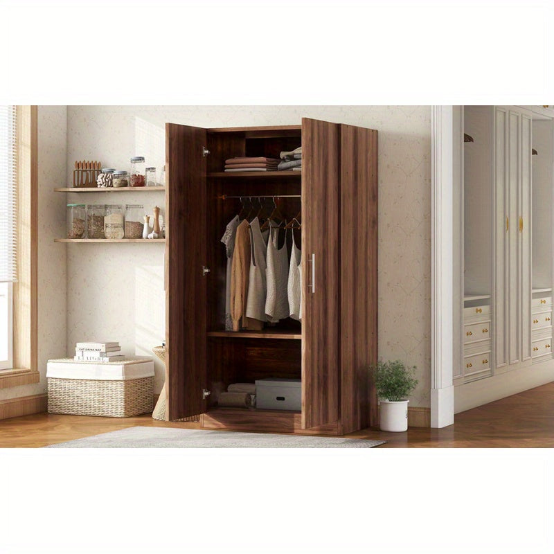 Spacious 2-Door Brown Wooden Wardrobe Armoire with 3 Shelves - Metal Frame, Floor Standing, Multi-Use Storage Organizer for Clothes, Shoes & More, Clothes Organizer Storage, Utility Racks