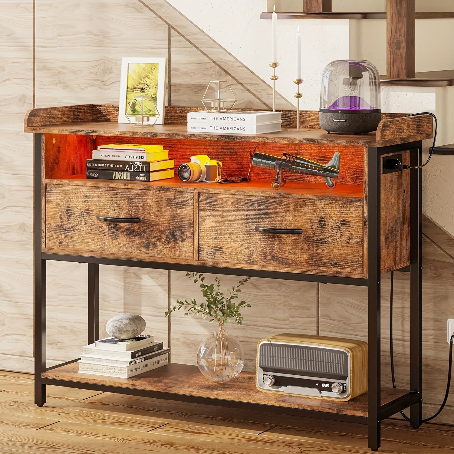 Vintage Brown Entryway Console Table with Power Outlet, LED Light, 2 Fabric Drawers & Storage Shelves