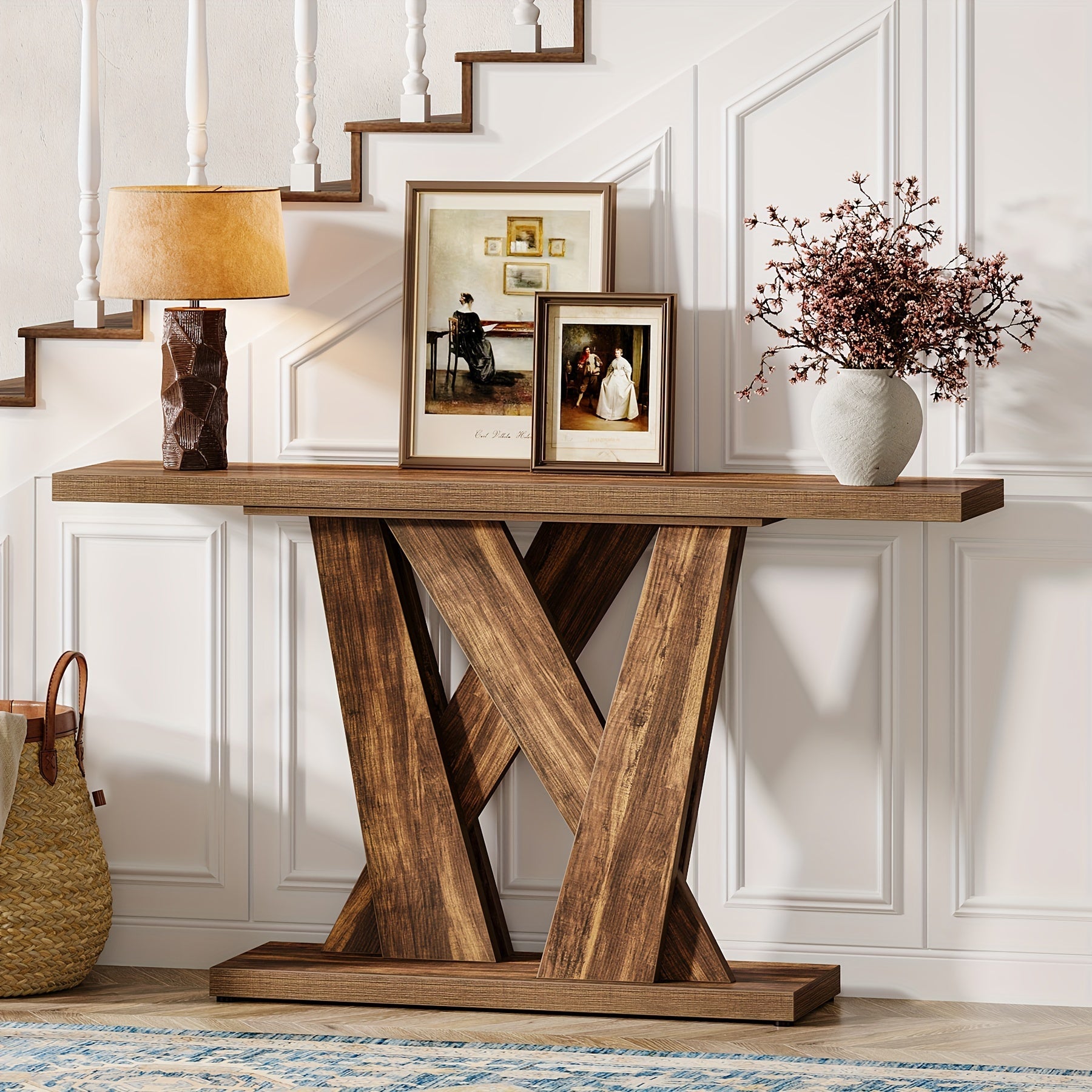 55-Inch Farmhouse Console Table, Entryway Table With Geometric Base, Narrow Sofa Table Rustic Wood Hallway Table For Entrance, Living Room, Foyer