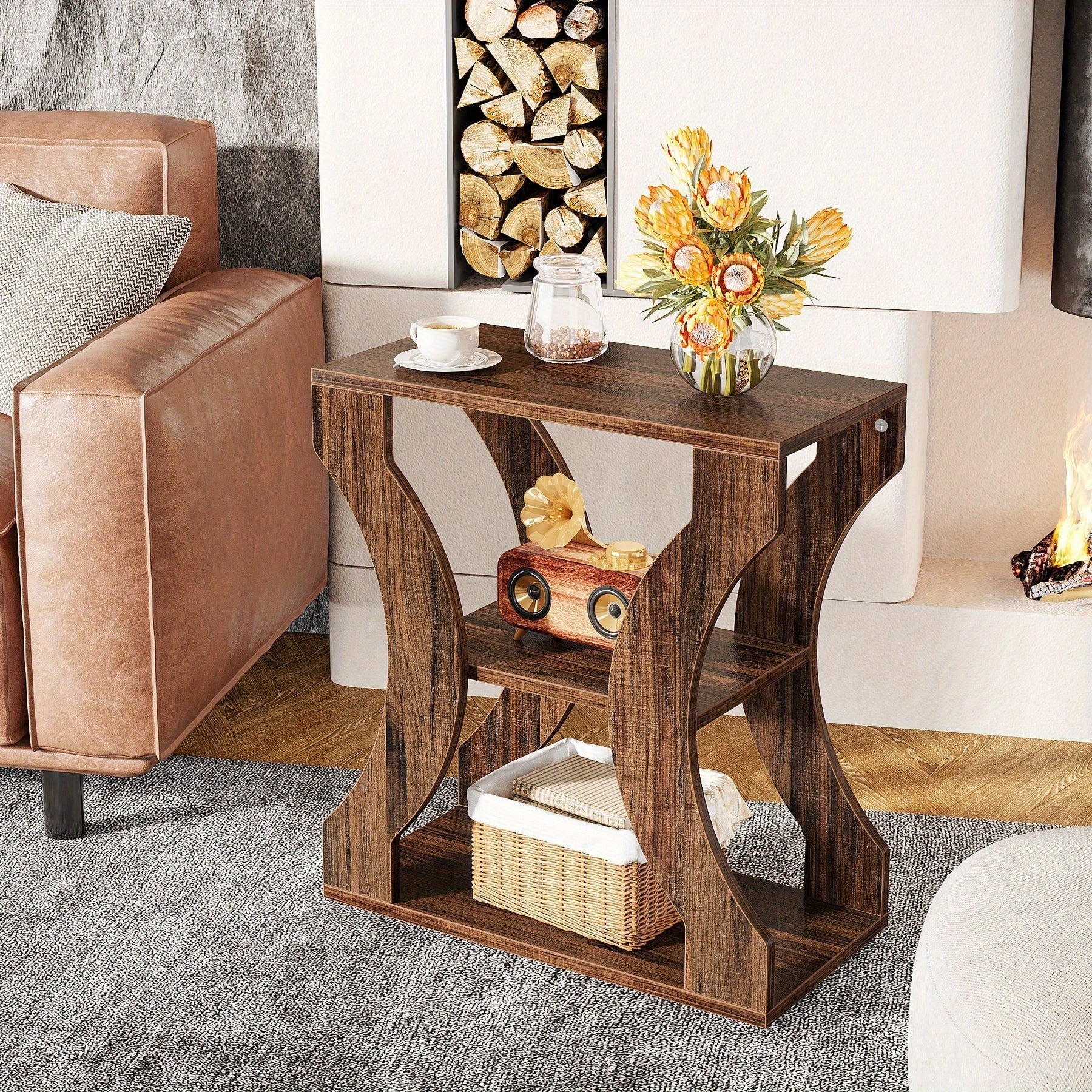 24 Inch Side Table, 3 Tier Farmhouse Side Table with Storage Shelves, Can Be Used As a Bedroom Nightstand, Coffee Table