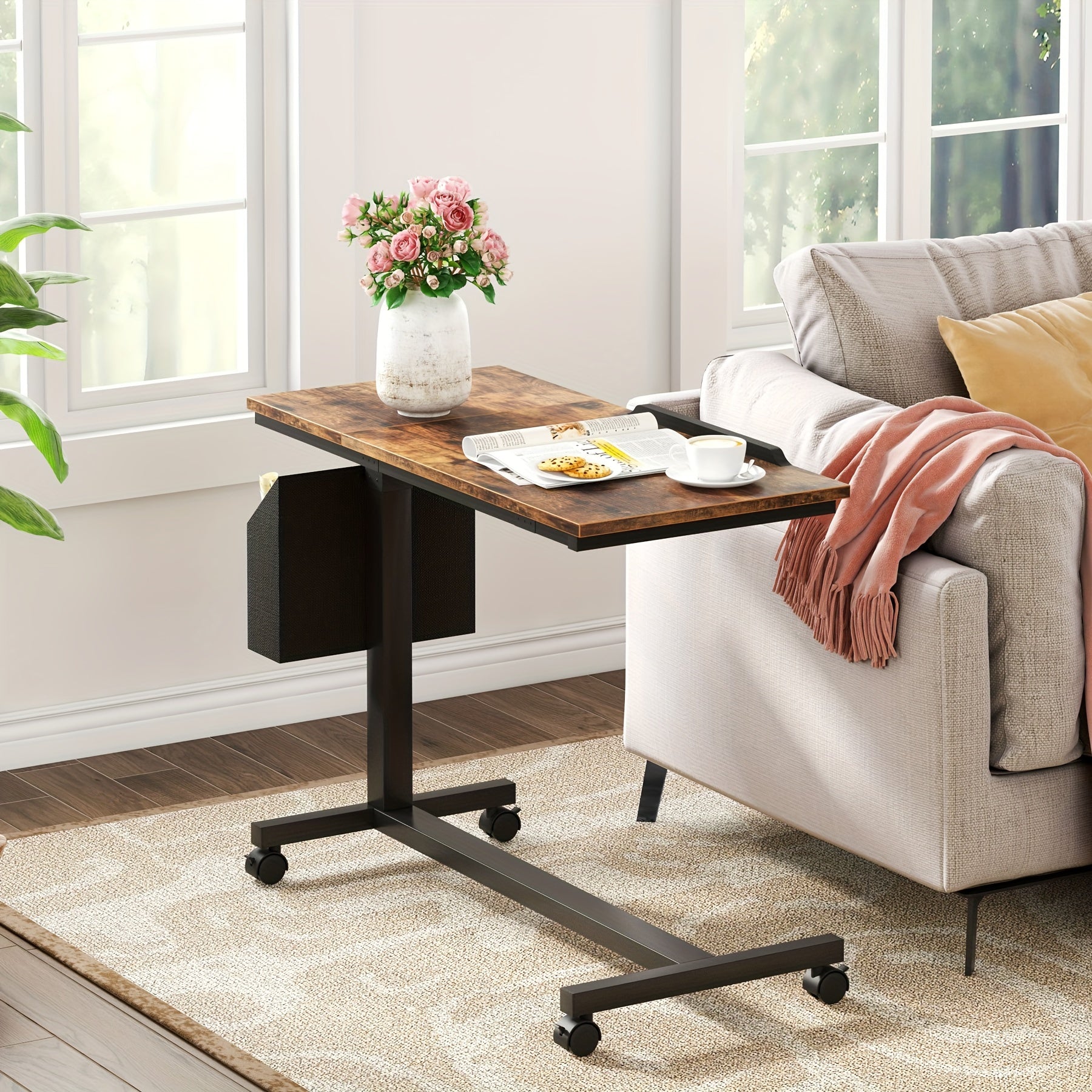 C Shaped Height Adjustable End Table with Wheels and Side Pocket, Mobile Sofa Table with Tiltable Drawing Board, Laptop Side Tray Table for Couch Bed