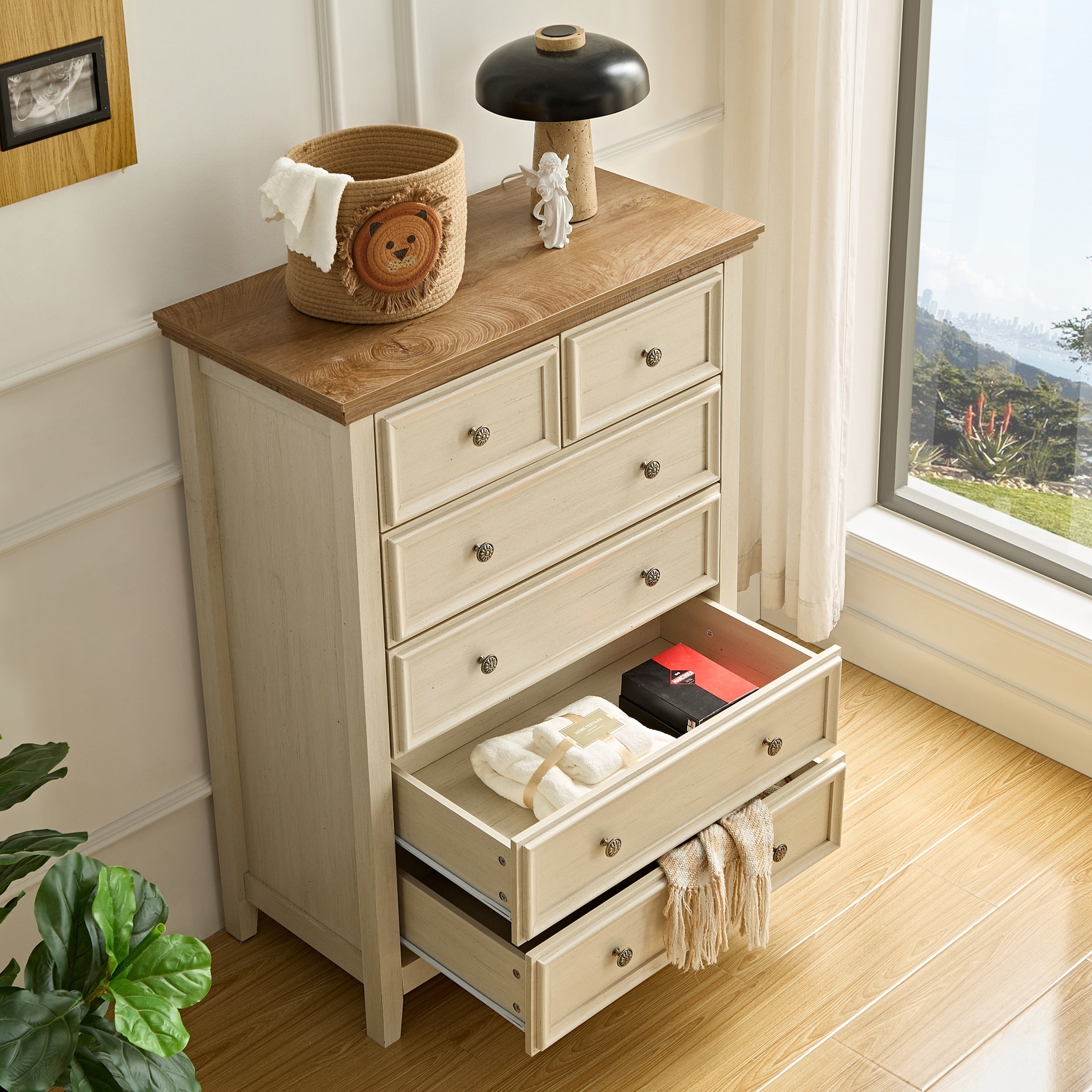 Dresser For Bedroom With 6 Drawers 5 Drawer Tall Chest Of Drawers For Bedroom Beige Wood Modern Storage Cabinet With 7