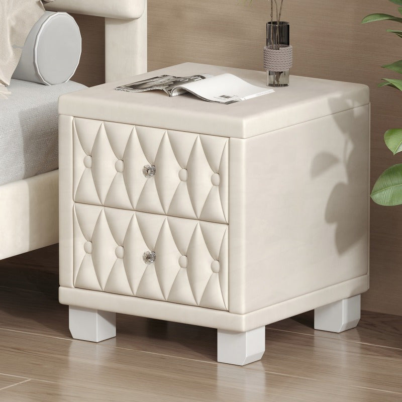 Elegant Beige Velvet Nightstand with Quilted Design, 2 Drawers & Crystal Handles - Classic Bedside Table with Decorative Top, Metal Frame for Modern Home Decor, Bedroom Decor, SENBOWE, Storage Cabinets