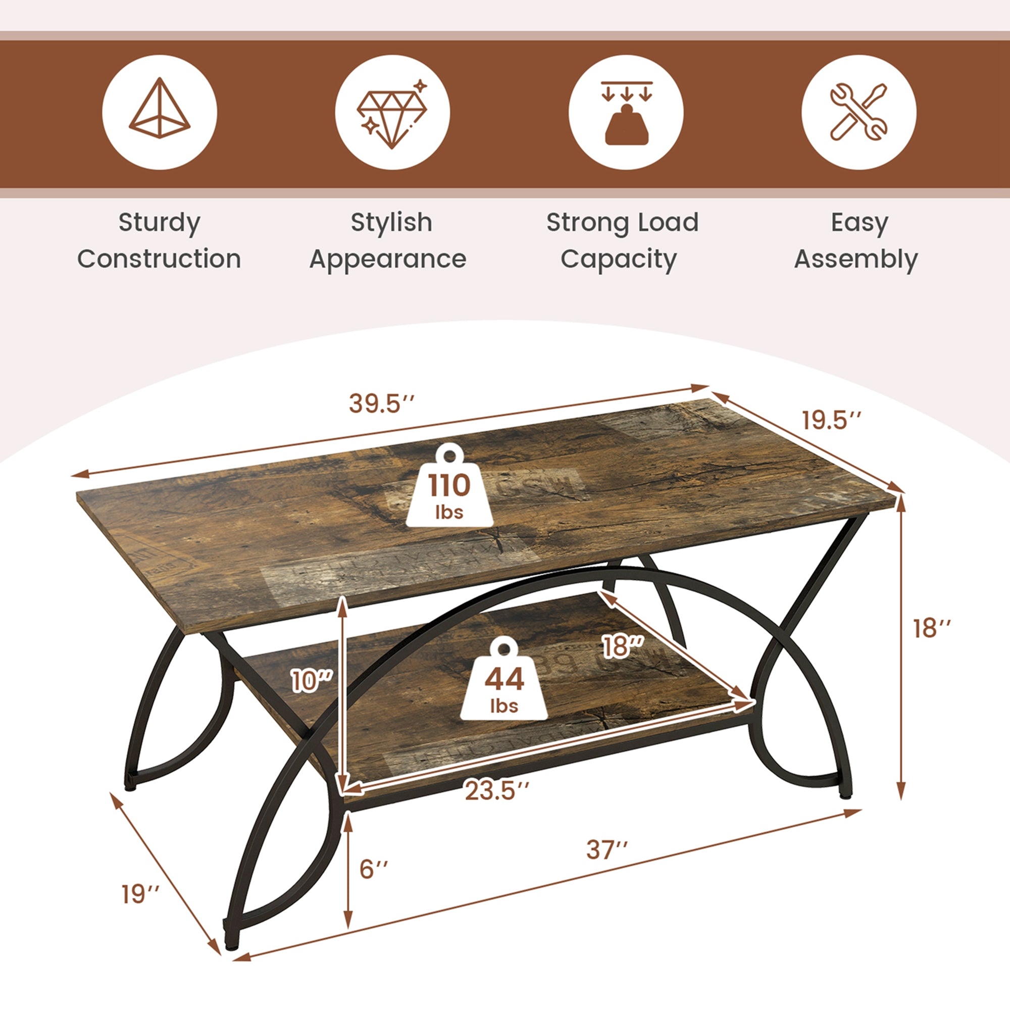 2-Tier Industrial Coffee Table Rectangular Cocktail Table with Storage Shelf Dark Brown