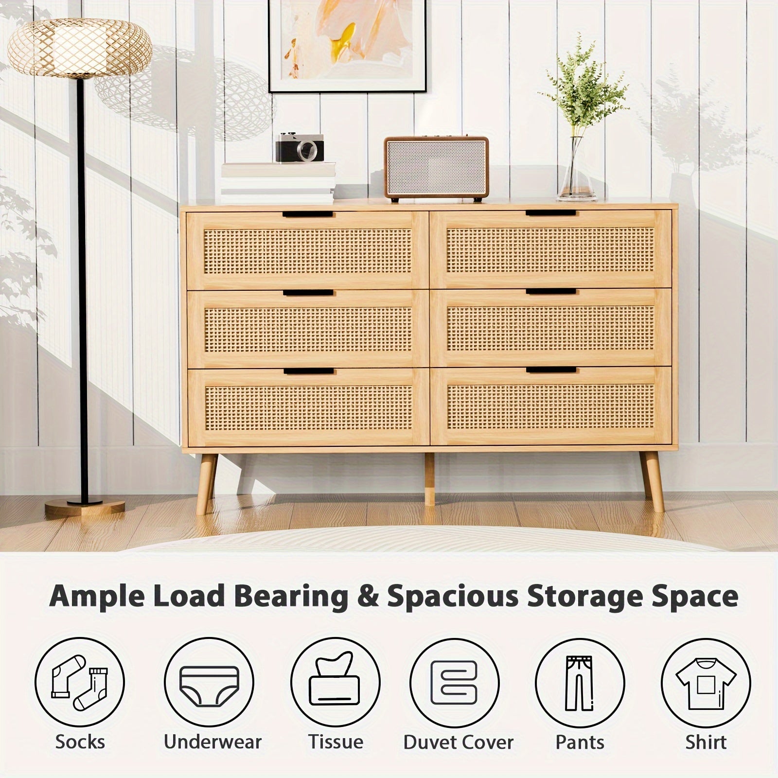 Natural Rattan Dresser for Bedroom with 6 Drawer, Wood Durable Dressers & chests of Drawers with Black Handles, Handmade Natural Rattan Modern Storage Double Drawers for Bedroom, Closet, Living room Storage Drawer Units