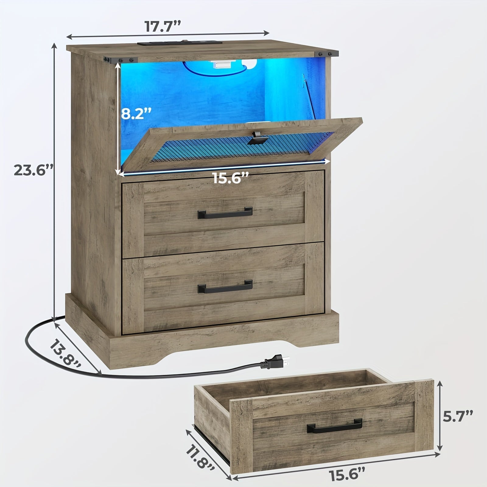 Nightstand With Charging Station, Farmhouse End Side Table With 2 Drawers And Open Compartments For Bedroom, Home Office, Gray