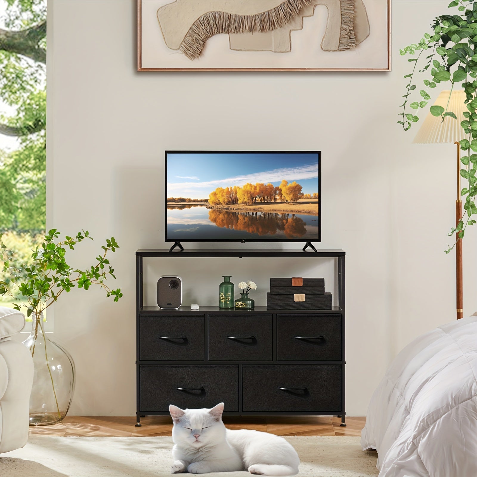 5 Fabric Drawer Dresser TV Stand With Universal TV Stand Base For Bedroom Entertainment Center For 45 Inch TV
