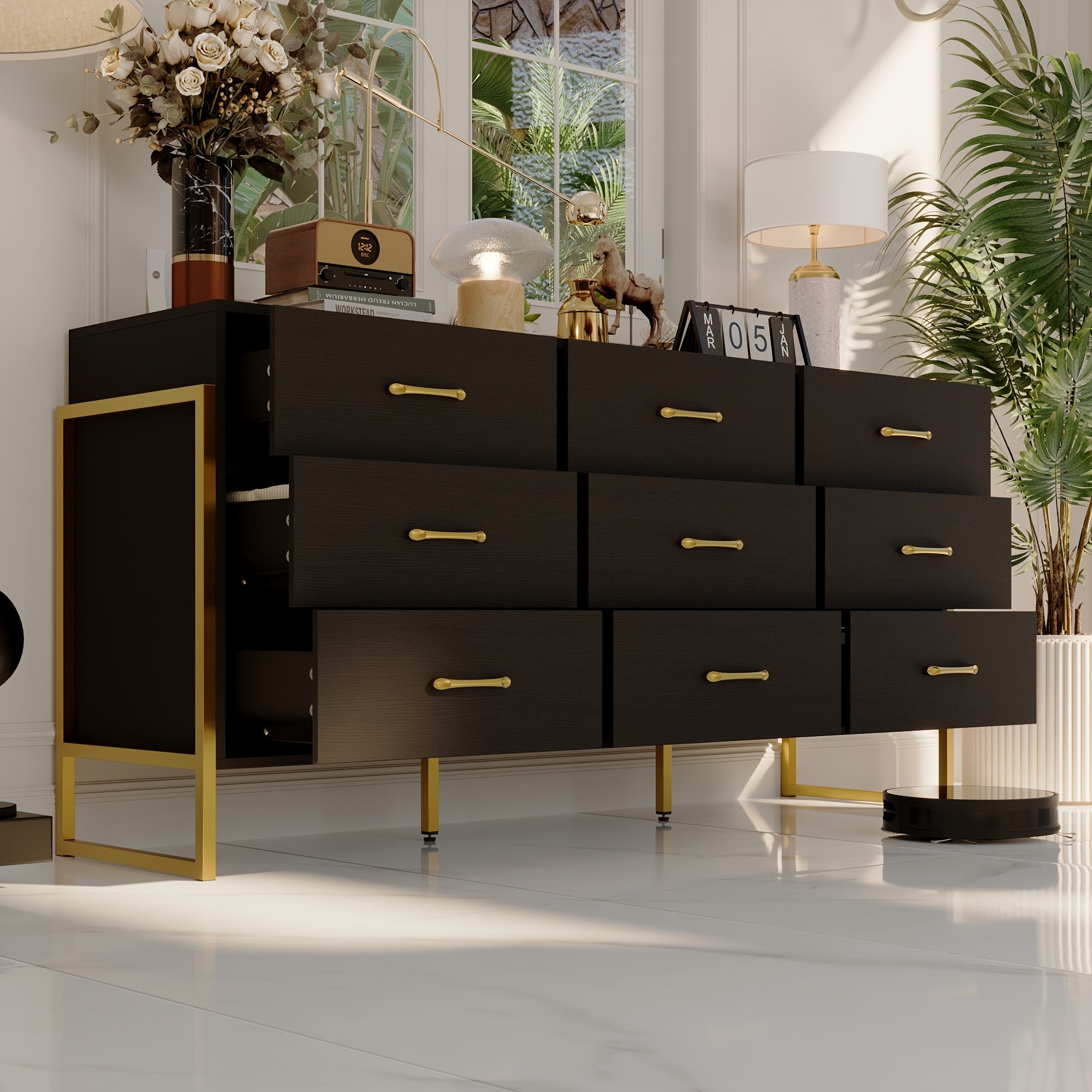 9-drawer Bimetallic Leg Storage Cabinet Chest Of Drawers For Bedroom Modern Wooden Chest Of Drawers Large Storage Space
