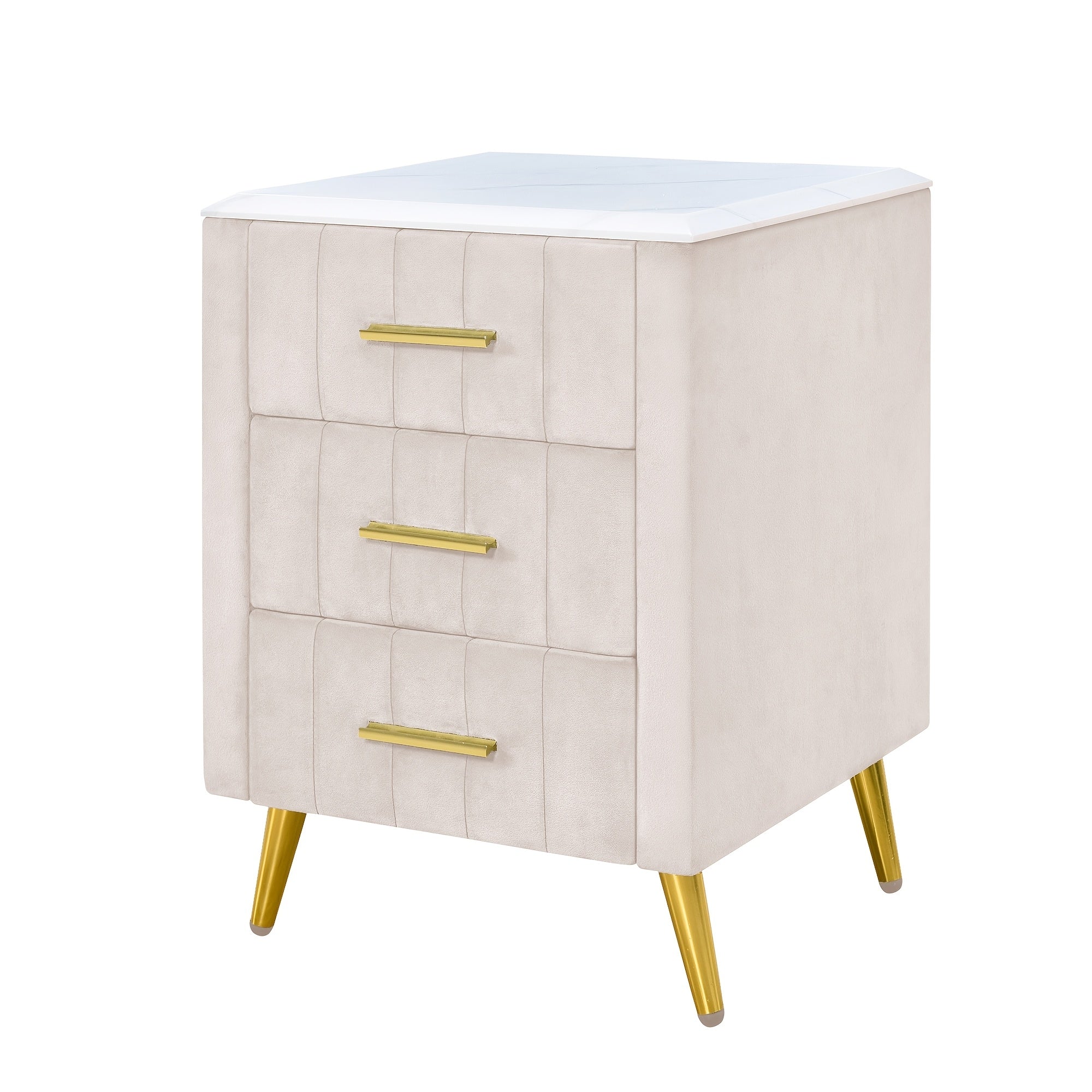 Upholstered Wooden Nightstand With 3 Drawers And Metal Legs&Handles, Bedside Table With Marbling Worktop