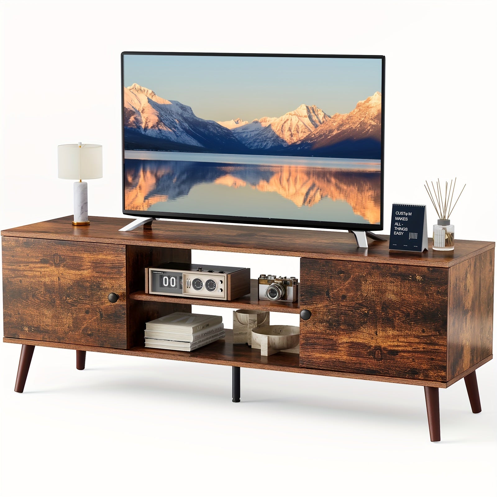 TV Stand for 55 60 inch Television, Entertainment Center with Storage, 2 Cabinet Media Console Table, Soft Hinge Door with Handle, Wood Feet, Office Furniture