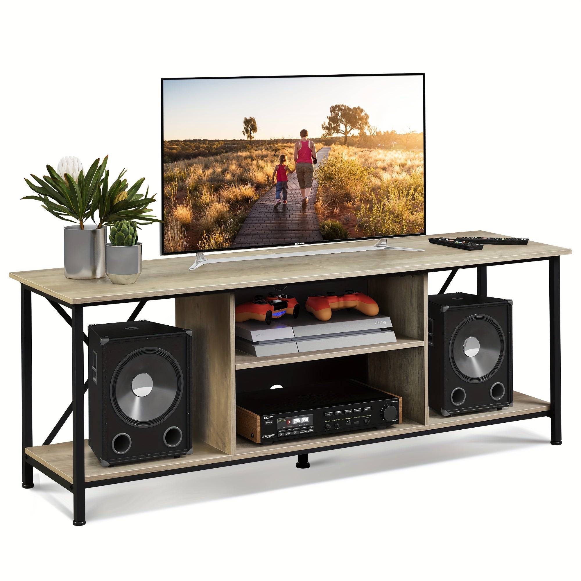 TV Stand up to 65 Inch TV, 55" Entertainment Center, Industrial TV Console with Open Storage Shelf for Living Room and Bedroom