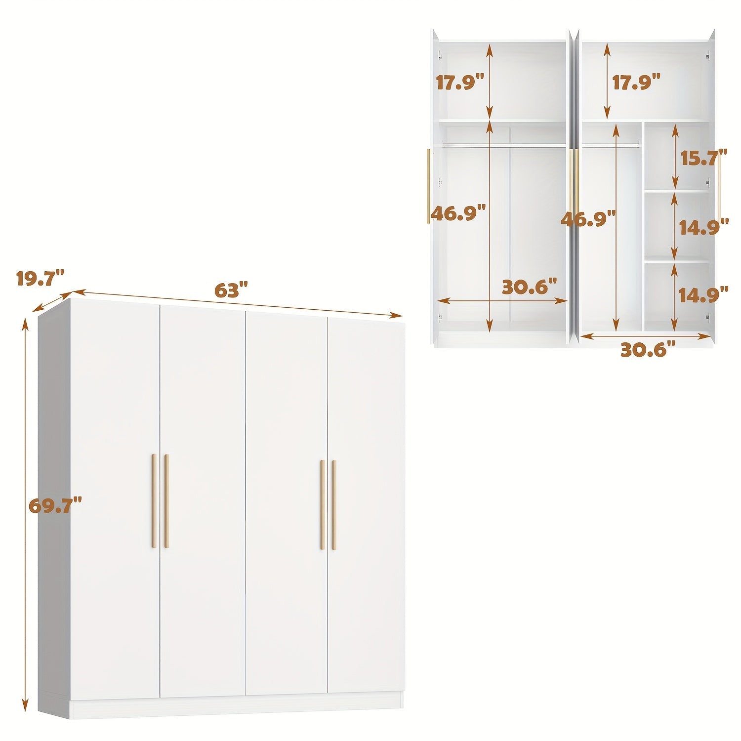 Spacious 4-Door White Wardrobe Armoire Closet - Freestanding Organizer with Storage Shelves & Hanging Rod, Durable MDF Wood, Water-Resistant, Easy Assembly, Modern Design for Bedroom Storage (63" W x 19.7" D x 70.9" H)