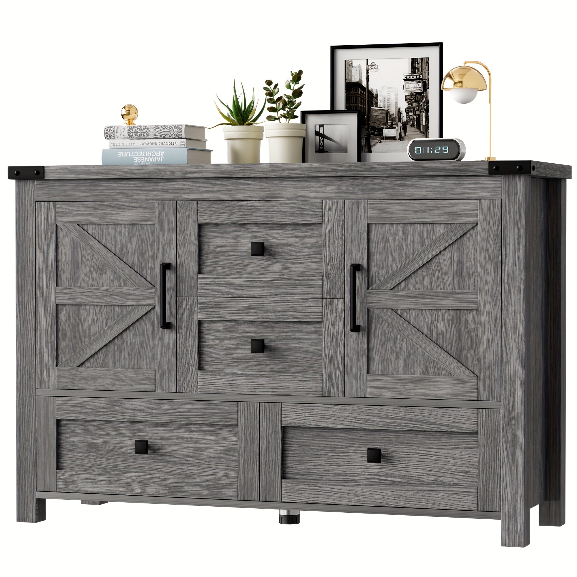 Rustic Farmhouse Dresser with 4 Drawers & 2 Barn Doors - Modern Grey Wood Chest of Drawers for Living Room, Bedroom Storage