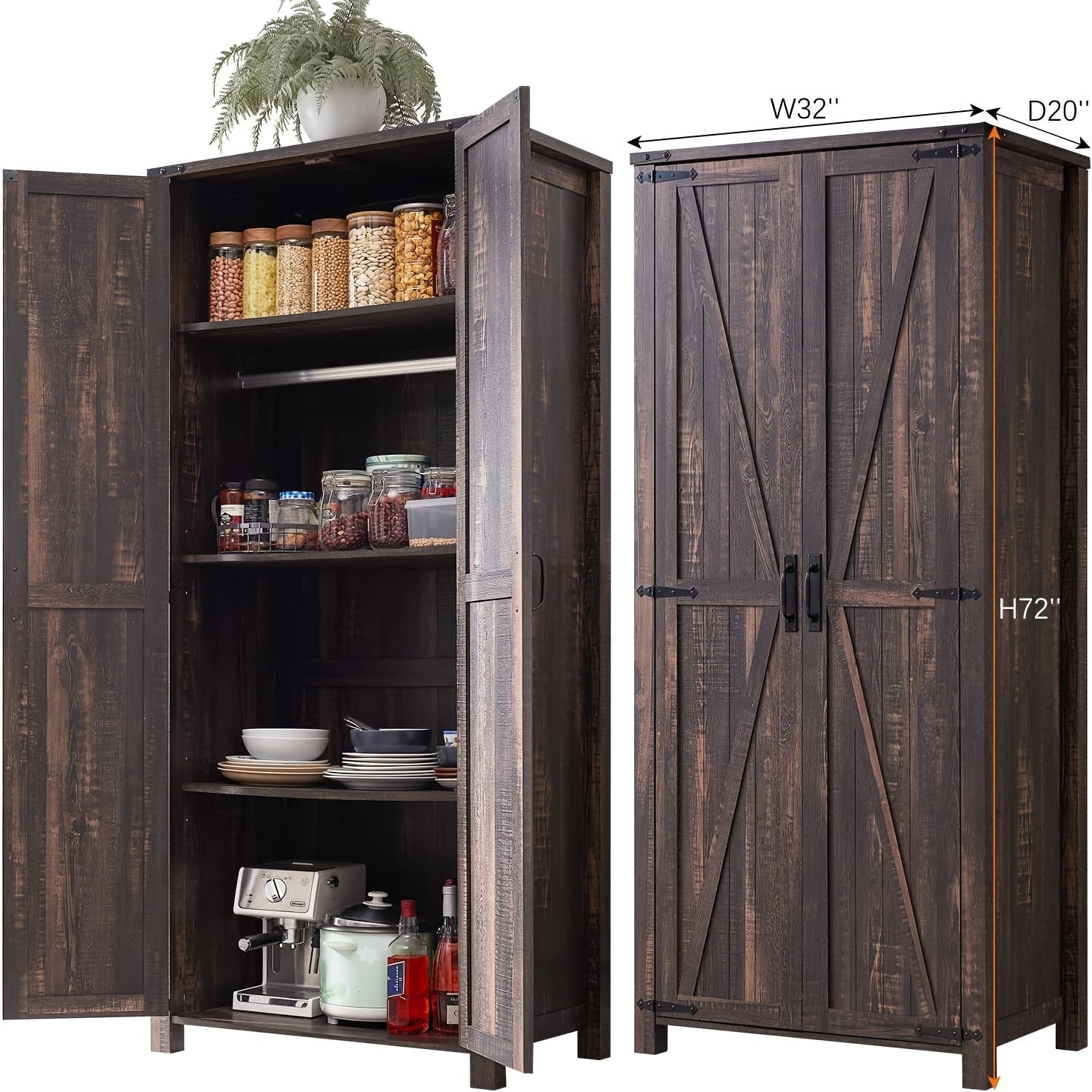 Versatile Storage For Kitchen, Bathroom, Laundry, Or Utility Room, Storage Cabinet, 32'' Farmhouse Armoire W/Adjustable Shelves, Rustic Pantry W/2 Barn Doors & Hanging Rod