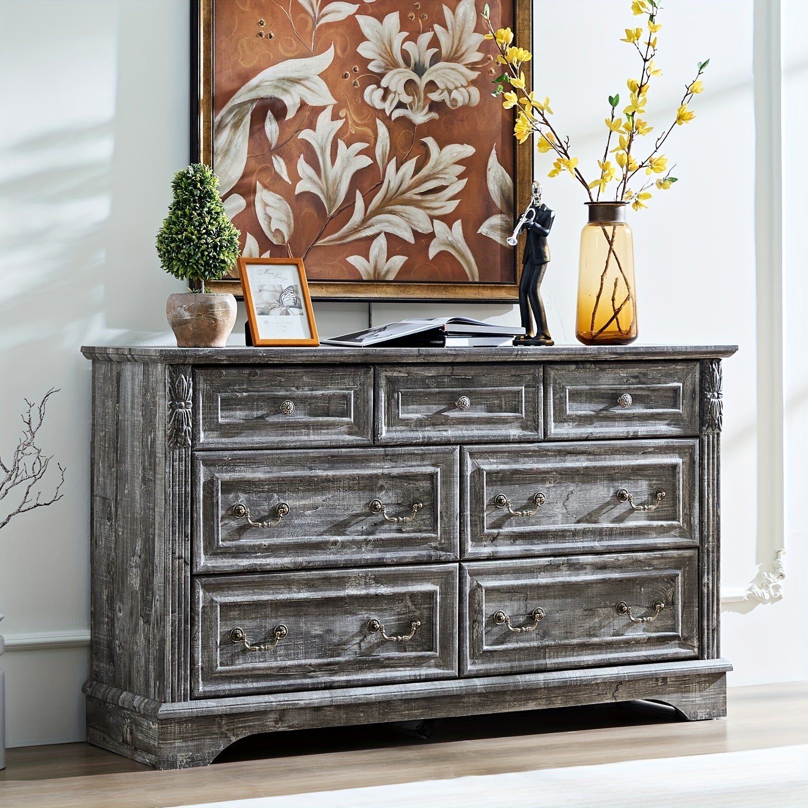 Farmhouse 7 Drawers Dresser Dressers For Bedroom 54’’ Wide Wood Rustic Chest Of Drawers With Carved Pilasters Storage