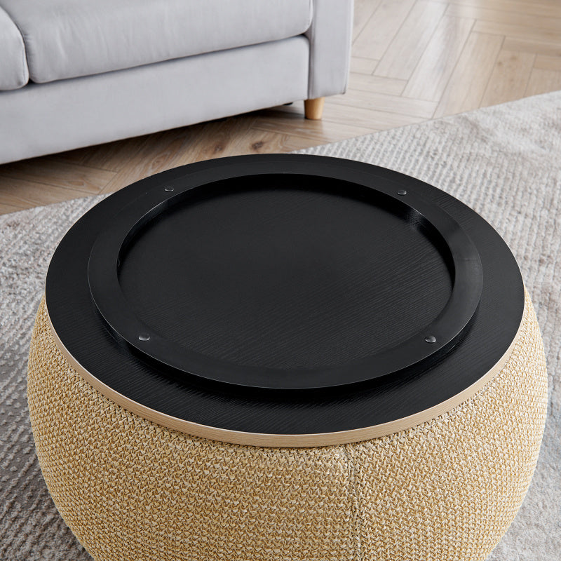 Round Storage Ottoman Woven rattan fabric Ottoman 2 in 1 Function Work as End table and Ottoman with small seat-nature 25"x25"x14.7"