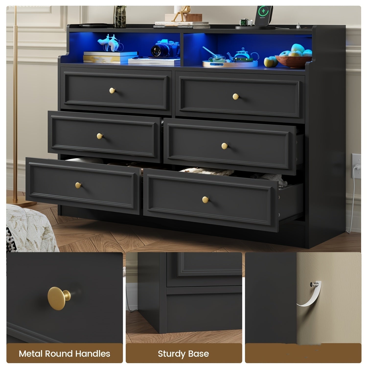 Modern Black LED Dresser with Charging Station - 5-Drawer Storage Cabinet with Customizable Blue Lighting, Large Compartments for Bedroom & Living Room Decor, Dresser for Bedroom