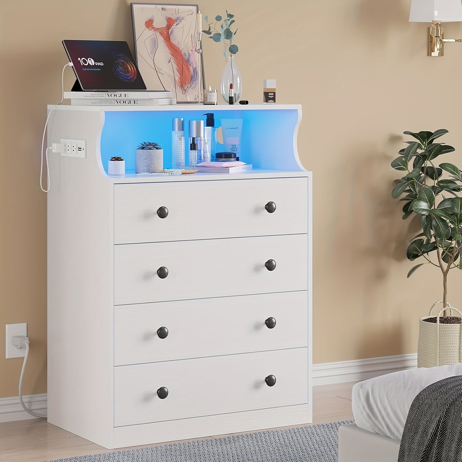 LED Dresser with 4 Large Drawers and Open Space Large Capacity Tall Storage Cabinet. - White - Dresser Westberry