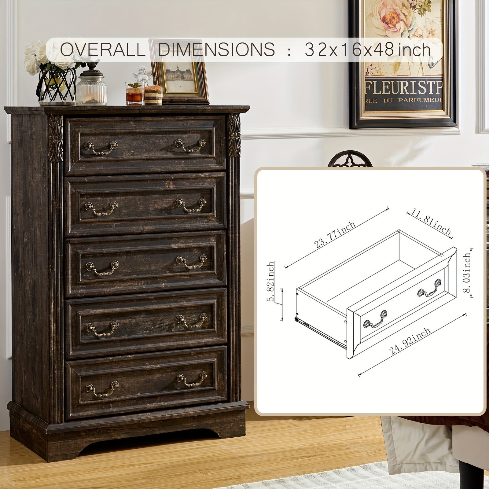 High-Density, Rustic Farmhouse 5-Drawer Dresser - Tall Wooden Chest with Carved Pilasters, Perfect for Bedroom & Hallway Storage, Dark Rustic Oak Finish