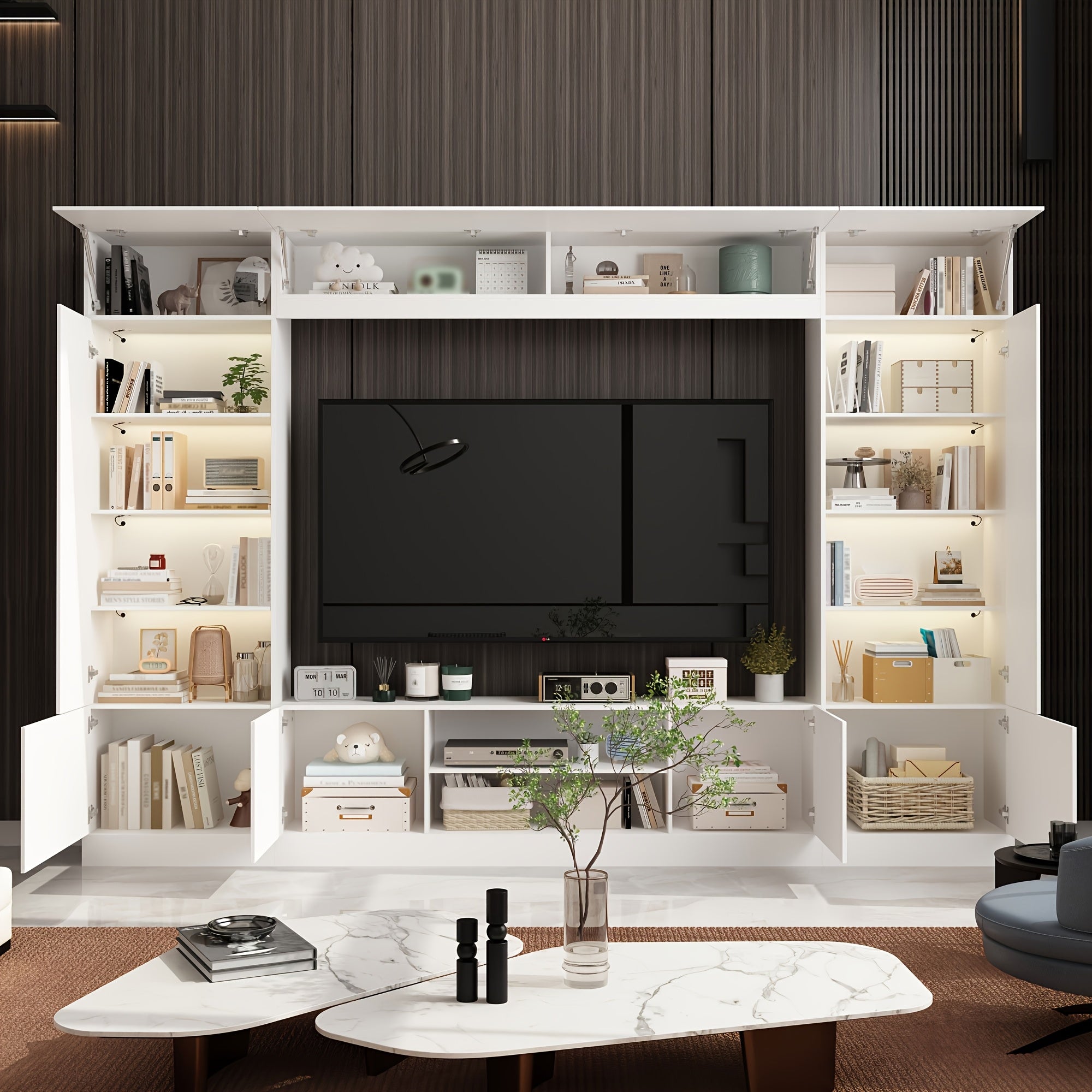 Minimalism Wall Unit TV Stand with Bookshelves for TVs up to 75", Entertainment Center Media Console Table with LED Lights, Cord Management & Shelves