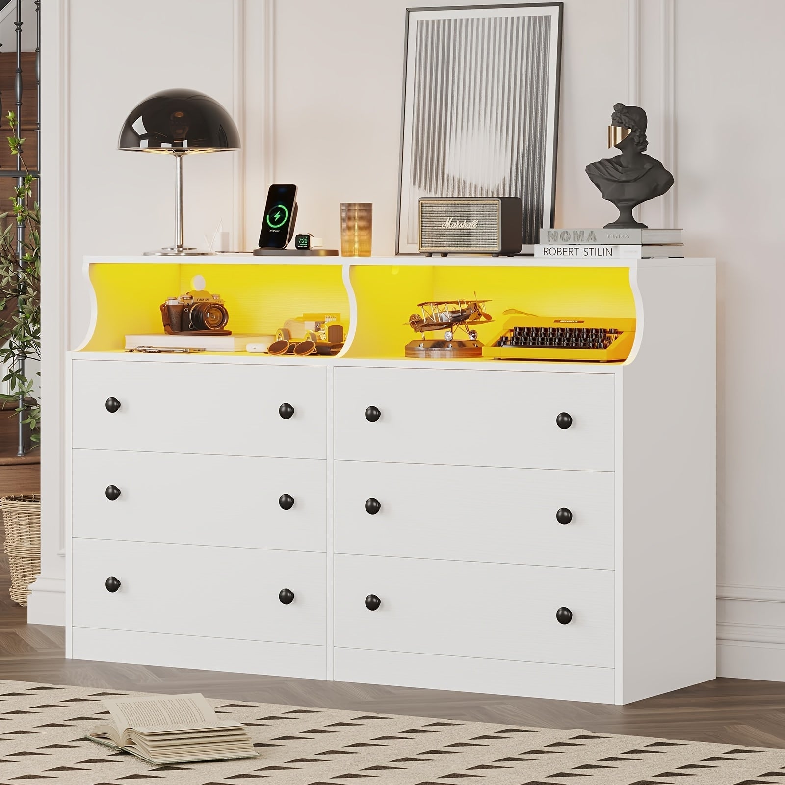 Bedroom Dresser 6 Drawer Double Dresser With Charging Station With Open Storage White - White - Dresser Westberry