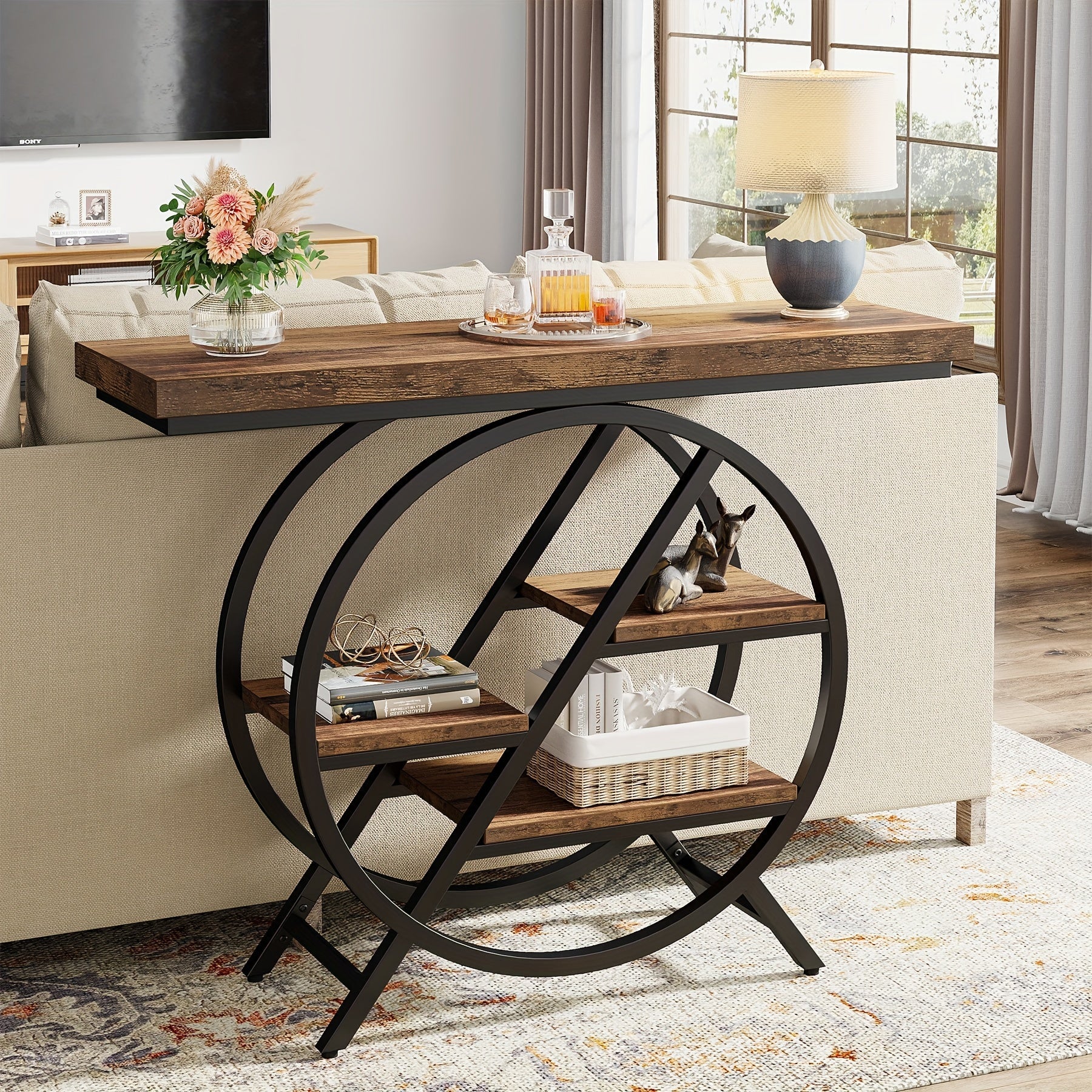 39.4-Inch Console Table With Thickened Tabletop, 4-Tier Industrial Narrow Sofa Table With Geometric Metal Frame For Living Room, Entryway, Hallway