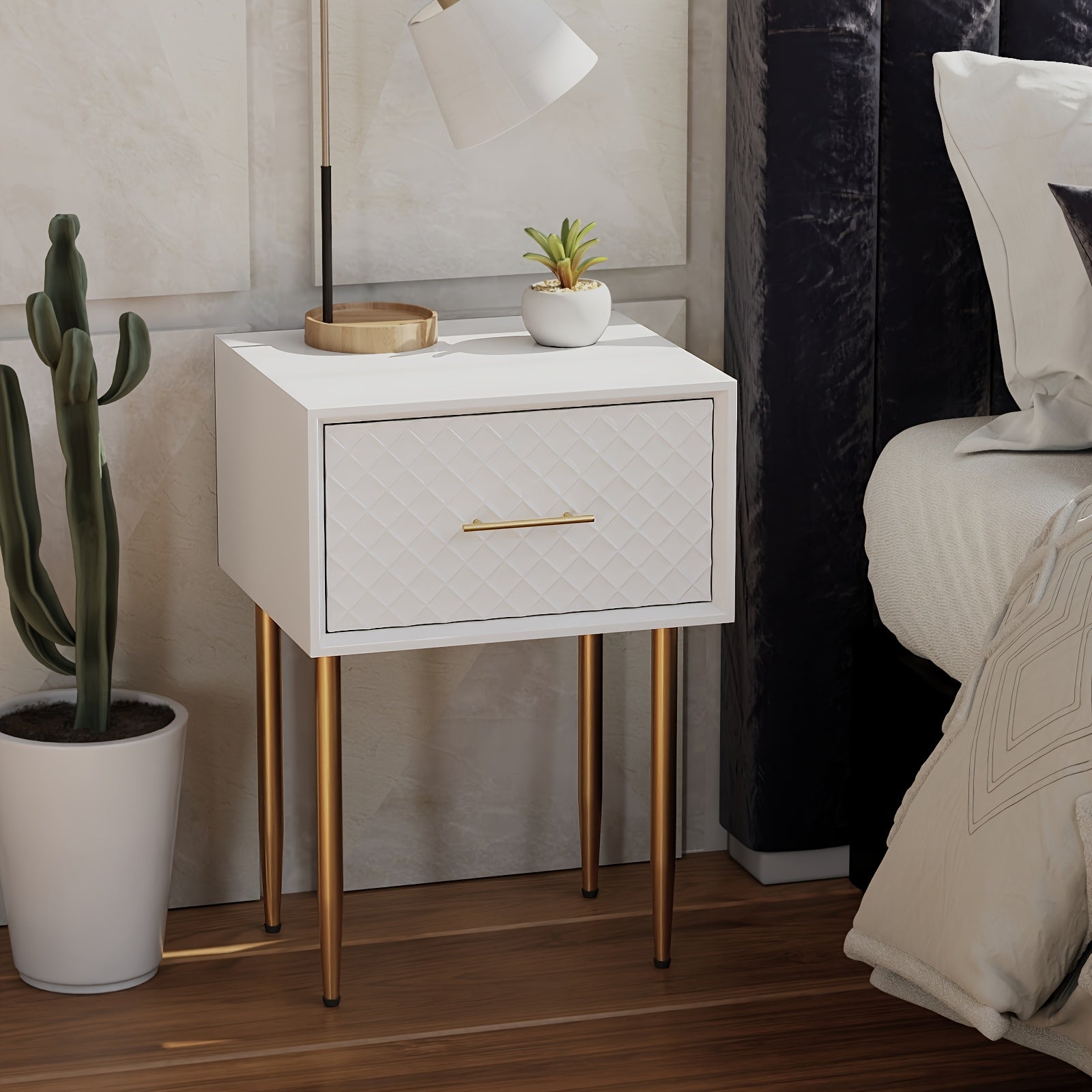 Elegant Farmhouse-Style White Nightstand with Golden Legs, Waffle Pattern Drawer - Modern Diamond Motif Side Table, Durable MDF, Easy Assembly, Perfect for Stylish Bedrooms, Stylish Nightstand|Modern Farmhouse Style|Plantsurr