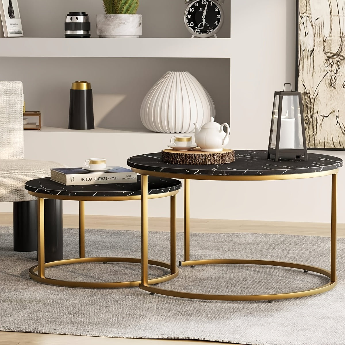 2pcs Nesting Coffee Table Set Modern Round Coffee Tables for Living Room Balcony Office Circle Table Accent End Side
