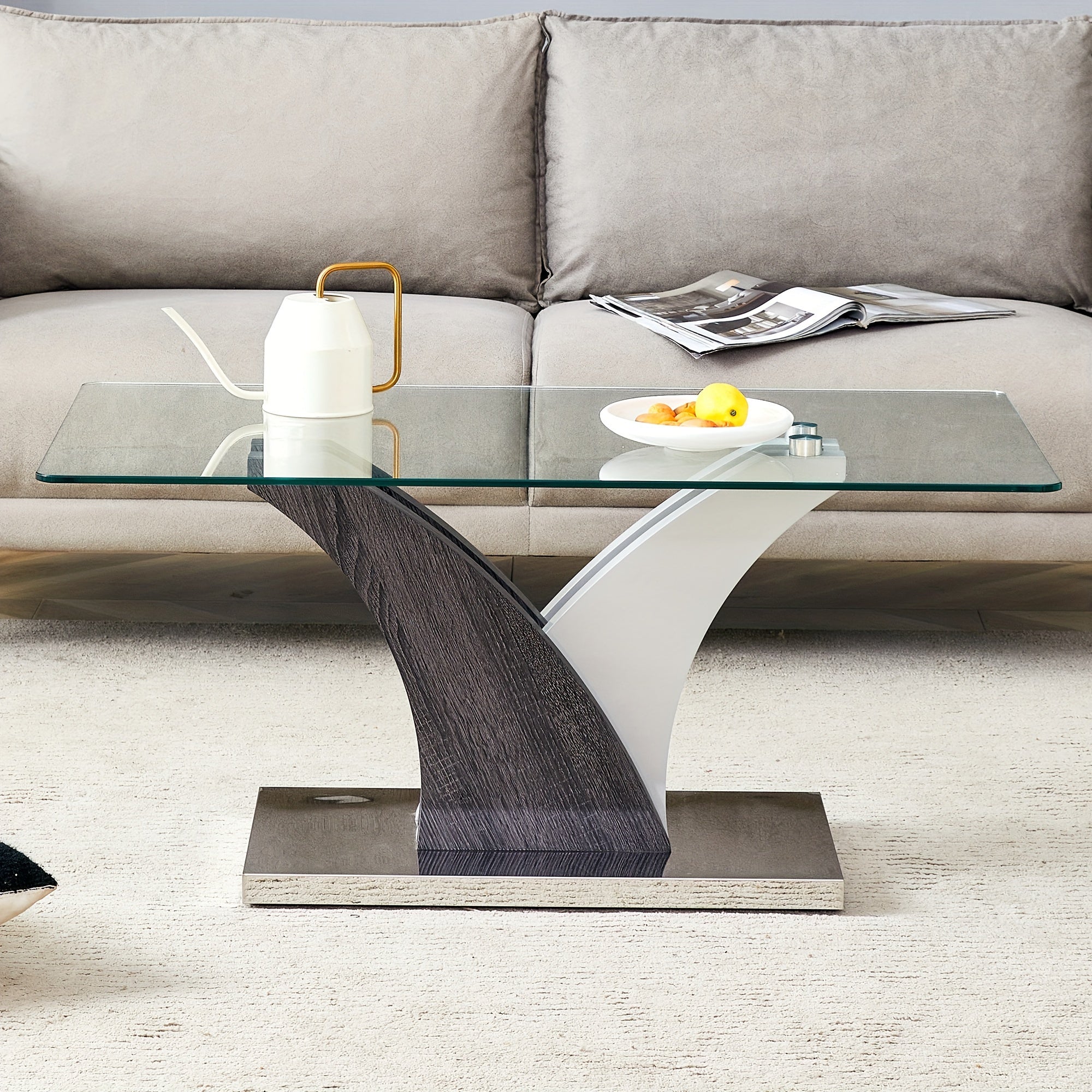 Rectangular Coffee Table With Tempered Glass Countertop, Stylish Tea Table With Round Table Corners And Artistic MDF Legs, Easy To Clean And Scratch Prevention, Perfect For Hosting Dinners, Conferences, Home, Living Room And