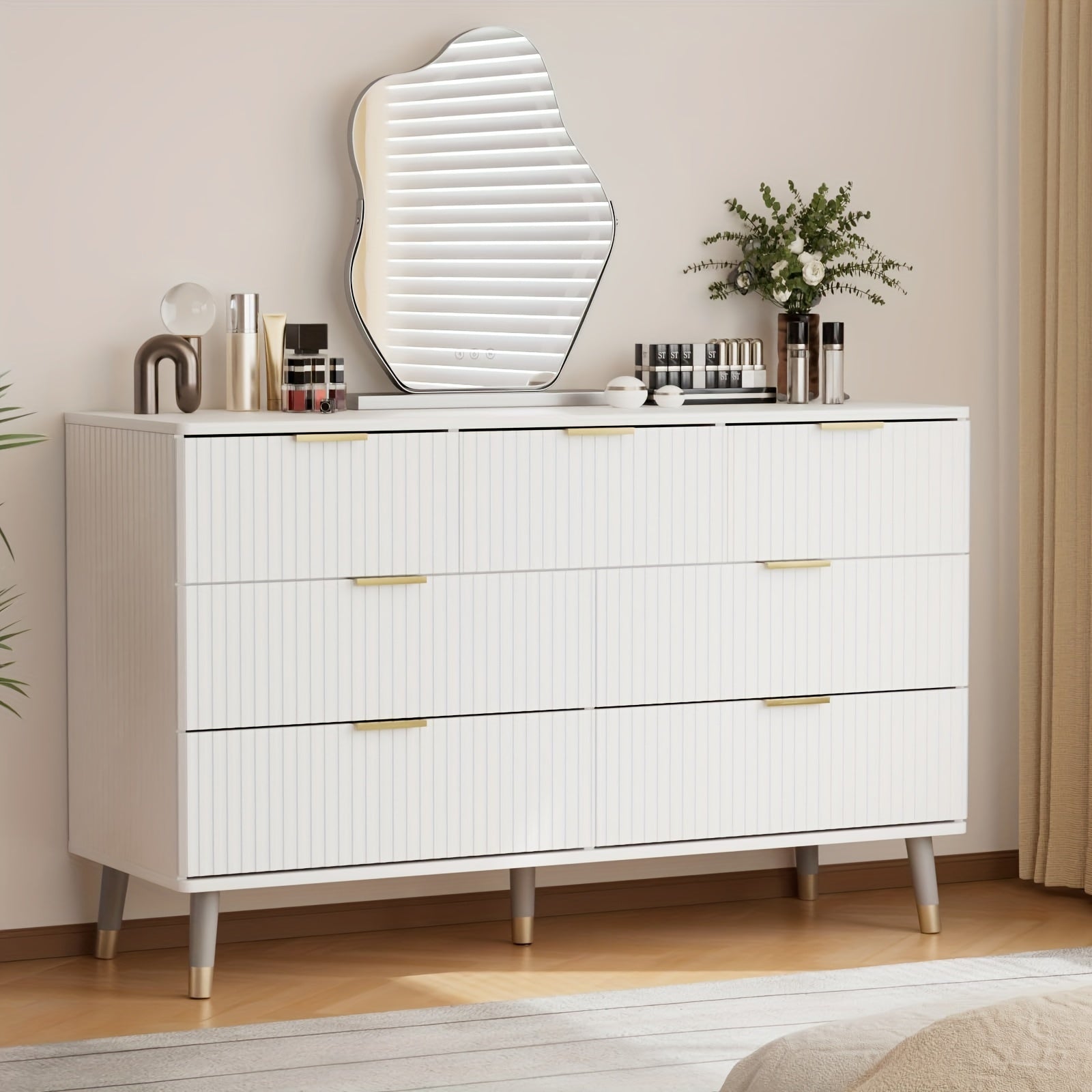 7 Drawer Dresser for Bedroom with Fluted Panel, With Golden Dresser Handles, Modern Chests of Drawers for Hallway, Entryway