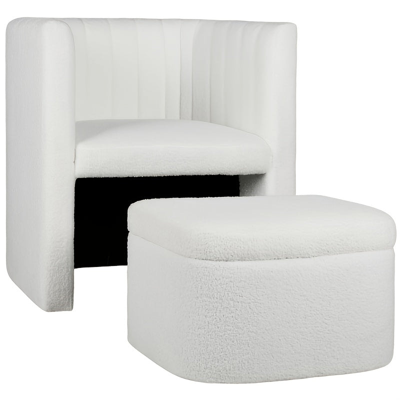 Sherpa Accent Chair with Ottoman, Modern Mid-Century Armchair with Storage, Sponge Filled, Wood Frame, Upholstered, with Dry Clean Only, for Living Room, Bedroom - White