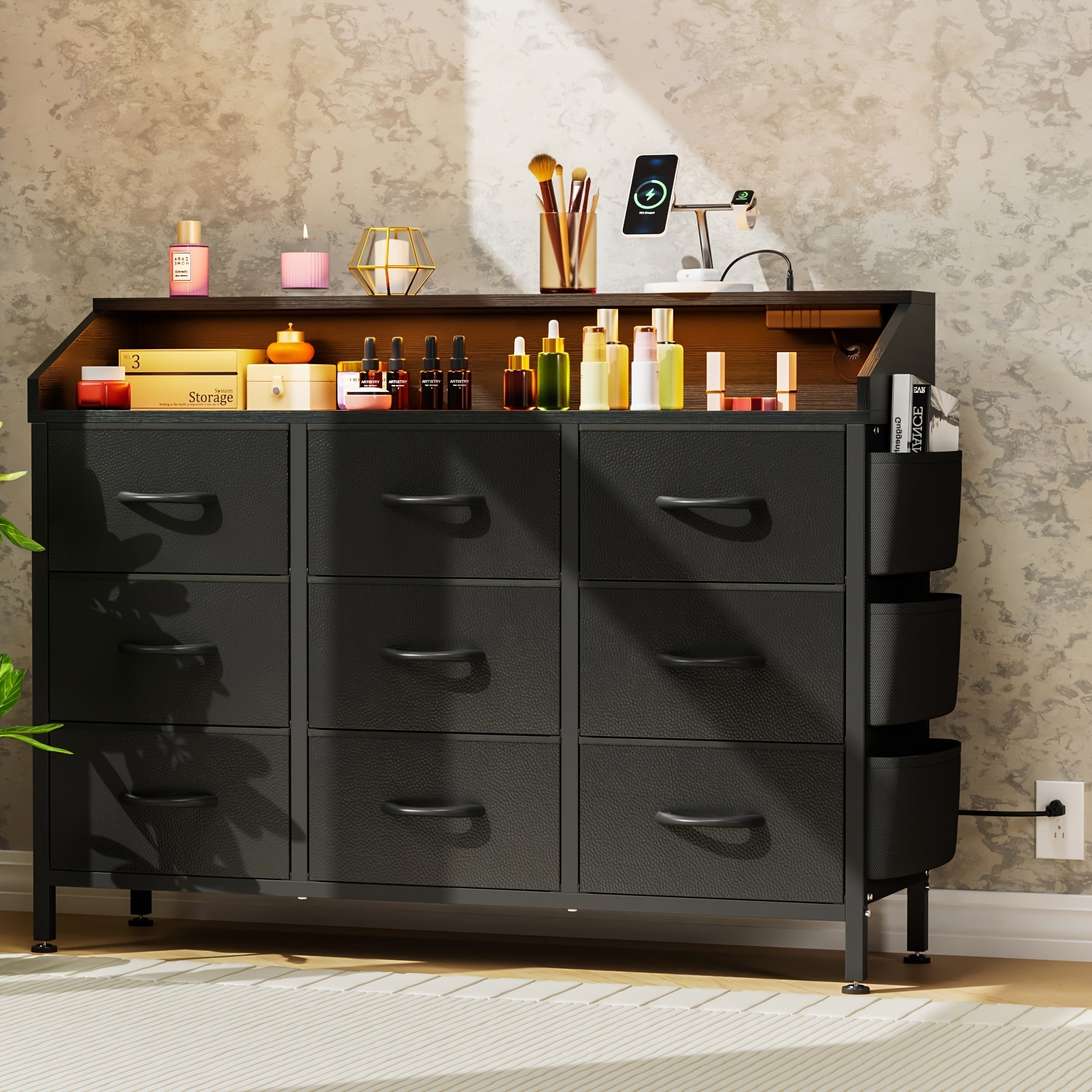 Dresser for Bedroom with 9 Drawers Chest Of Drawers with Socket & LED Light PU Storage Dresser Organizer Unit