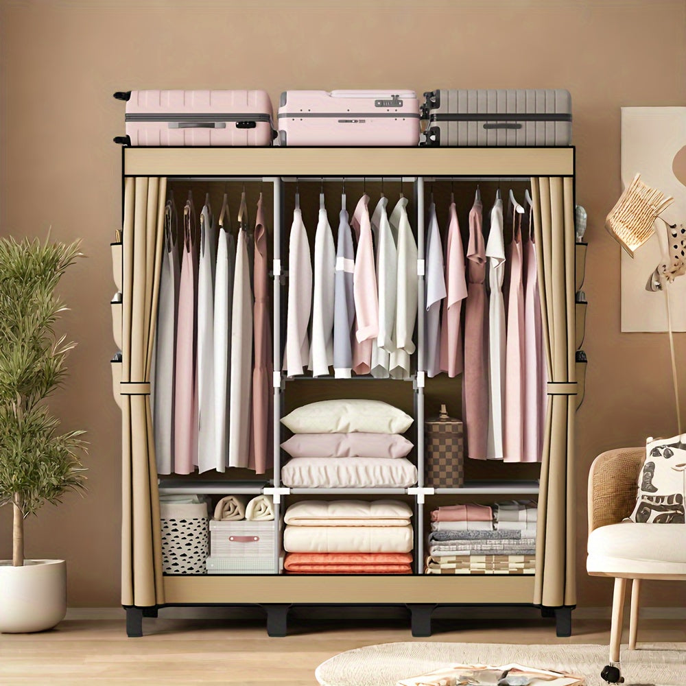 Black Dust-Proof Cloth Wardrobe - Sturdy Steel Frame Multi-Layer Storage Organizer for Home Bedroom Rental and Dorm