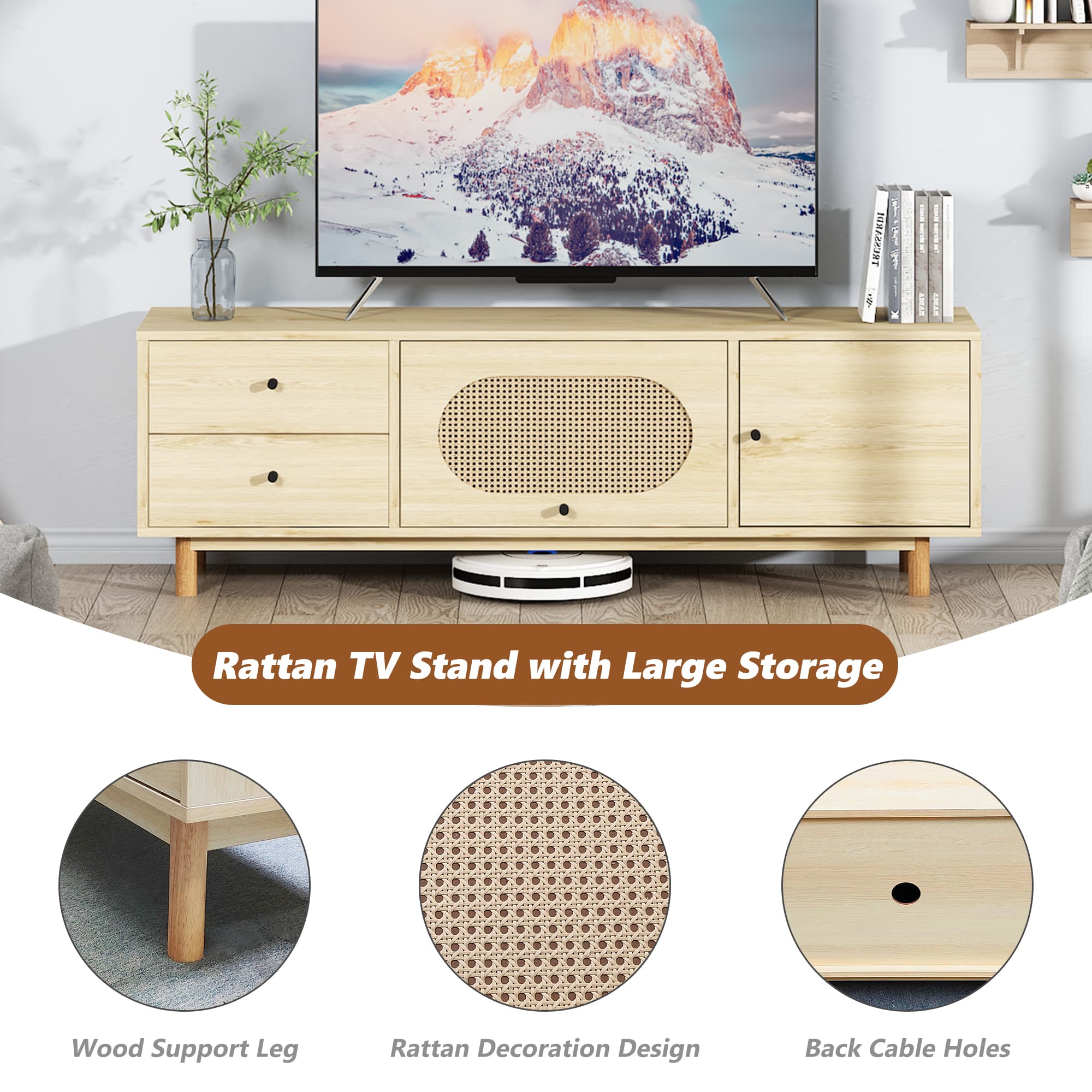 Rattan TV Stand for 55 Inch TV, Entertainment Center with Storage, TV Stand Storage Cabinet Media Console Table with 2 Cabinets and Doors, Boho Media TV Console for Living Room, Bedroom