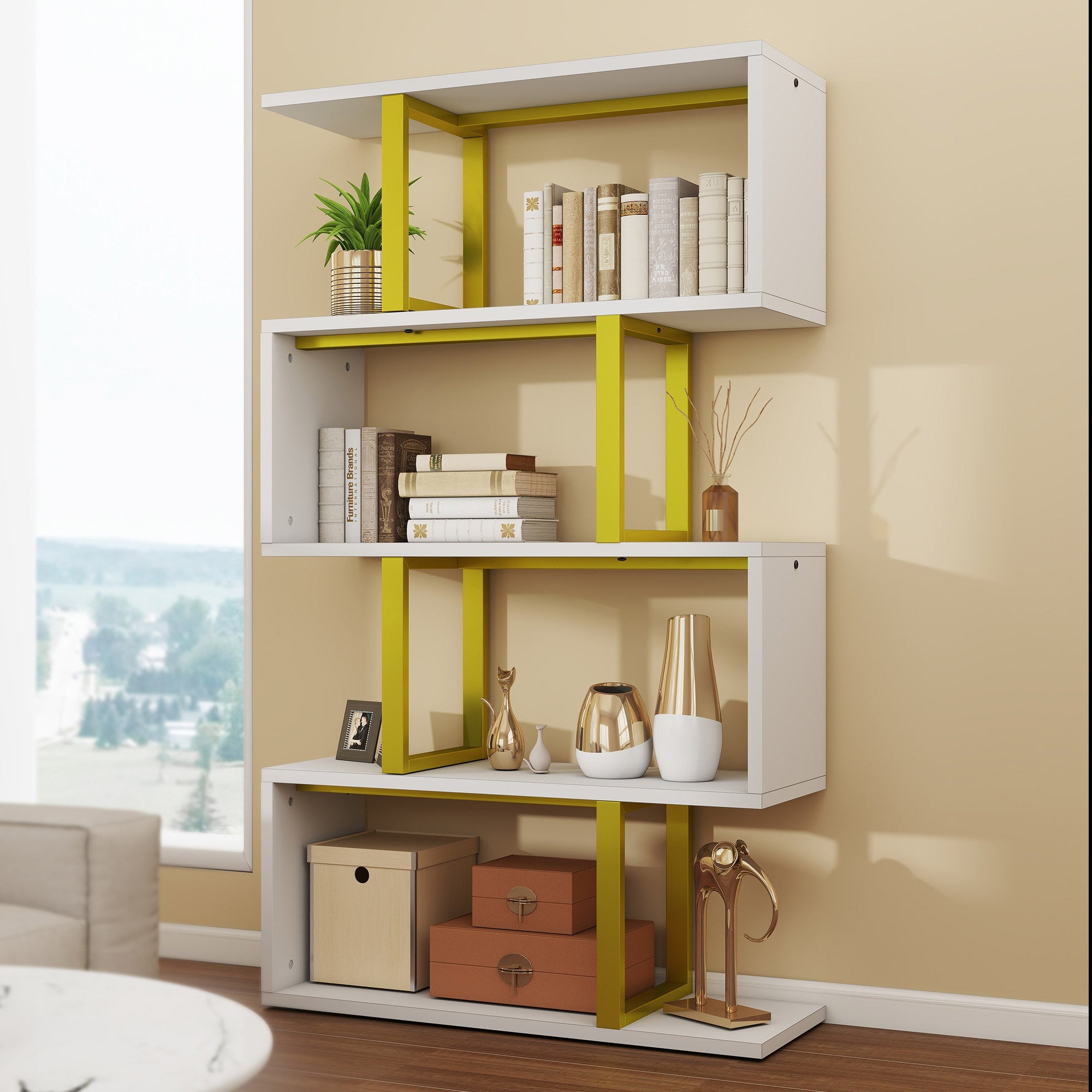 5 Tier S- Shaped Bookcase Bookshelf Freestanding Display Shelf For Home Office - white + gold - Bookshelf Westberry