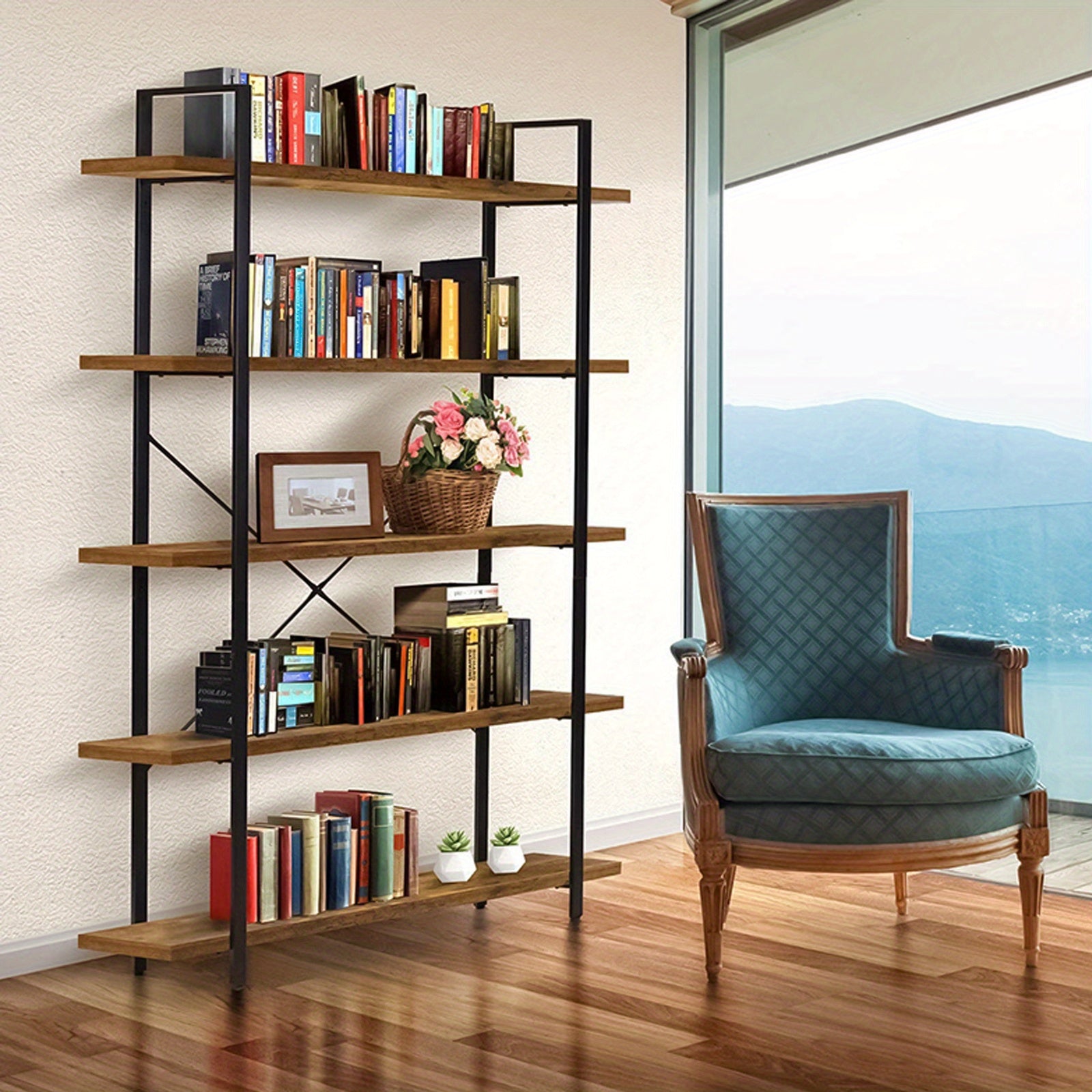 5 Tier Bookshelf 2 Mounting Approaches Industrial Etagere Bookcase with Metal Frame Rustic Tall Book Shelf Unit