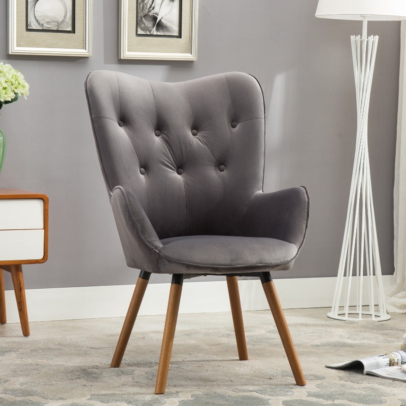 Contemporary Silky Velvet Button Back Accent Chair in Gray, Ideal for Lounge, Reading Nook, Adds Elegance and Comfort to Any Space