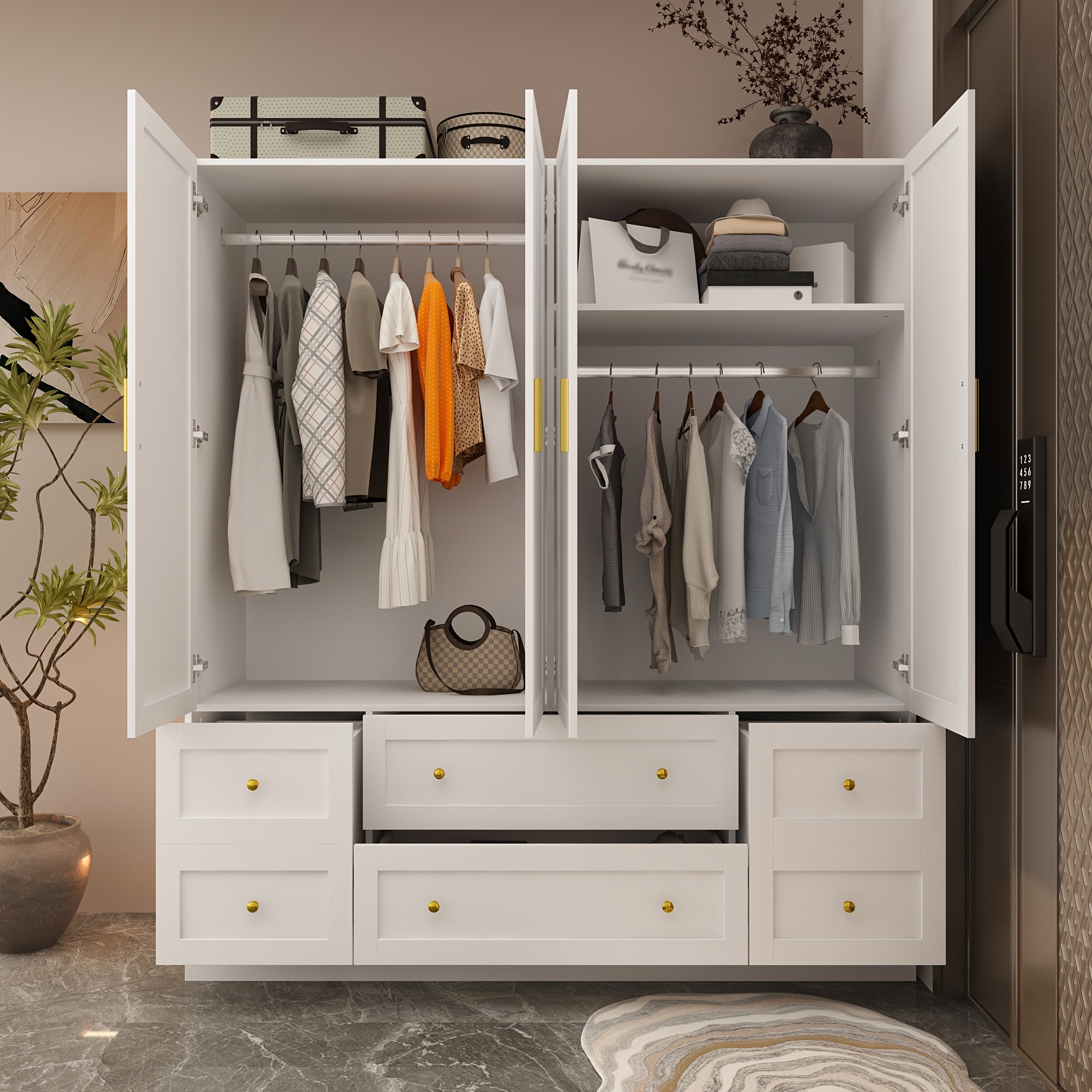 Modern White Wooden Wardrobe Armoire Closet with 6 Drawers, Storage Shelves & Hanging Rods - Floor Mount Bedroom Organizer, Large Capacity Under 3.2 Cubic Feet, Independent Design, No Electricity Needed