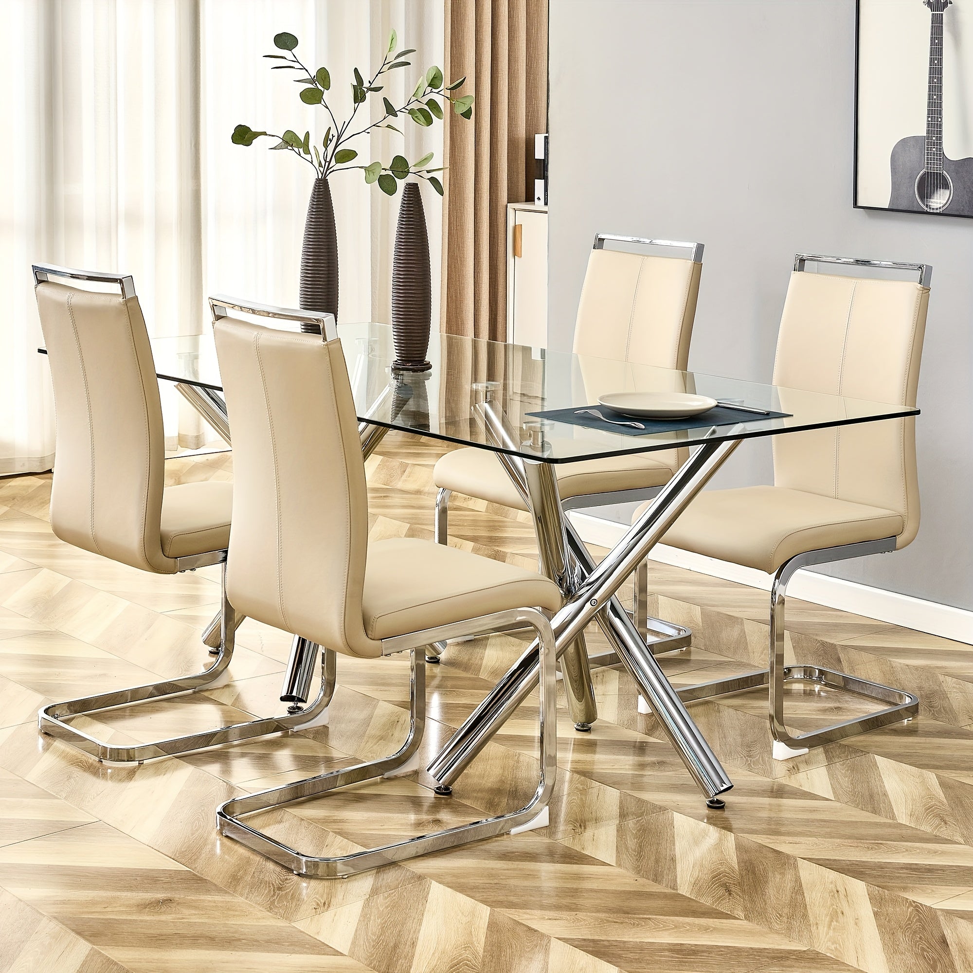 Modern Dining Chairs Set Of 4, Side Dining Room Chairs With Silver Frame, Kitchen Chairs With Faux Leather Padded Seat High Back, Chairs For Dining Room, Kitchen, Living Room Beige