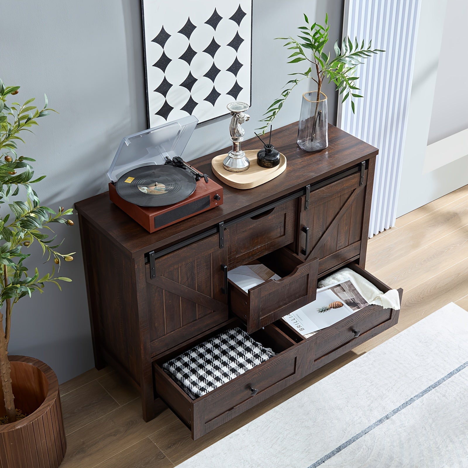 Bedroom Dresser Rustic Dresser With Barn Doors Closet Storage With 4 Drawers Farmhouse Style Dresser With SlidingBarn