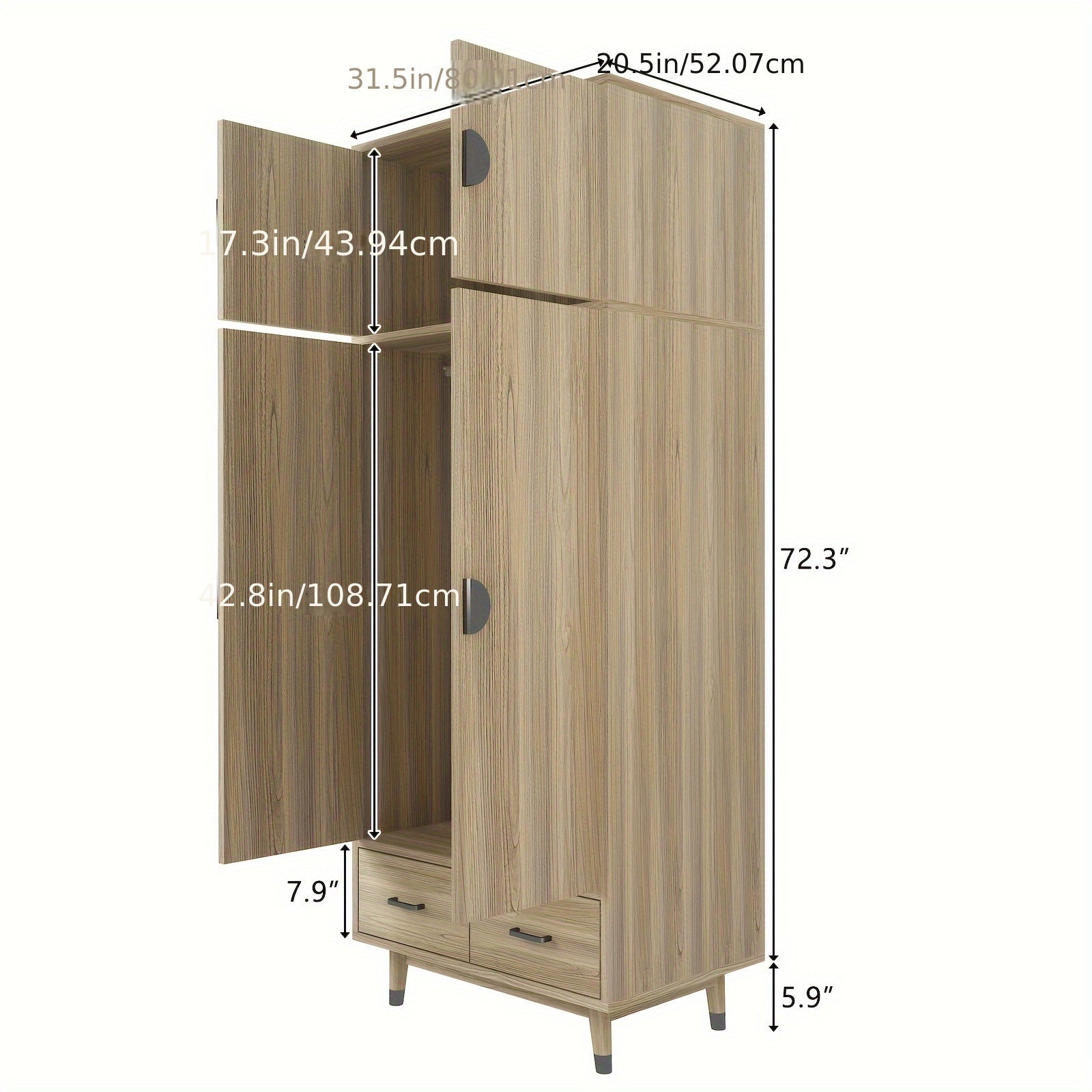 Large Armoire Wardrobe Bedroom Closet With 4 Doors, 2 Drawers, Removable Hanging Rod And Adjustable Shelves For Bedroom