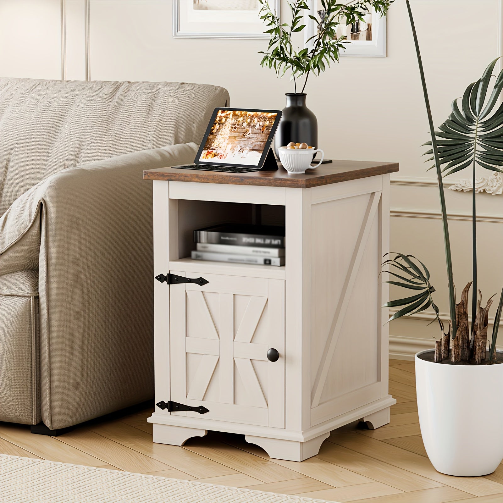 Farmhouse LED Nightstand With Charging Station, End Table, Bedsidetable For Home Bedroom Living Room