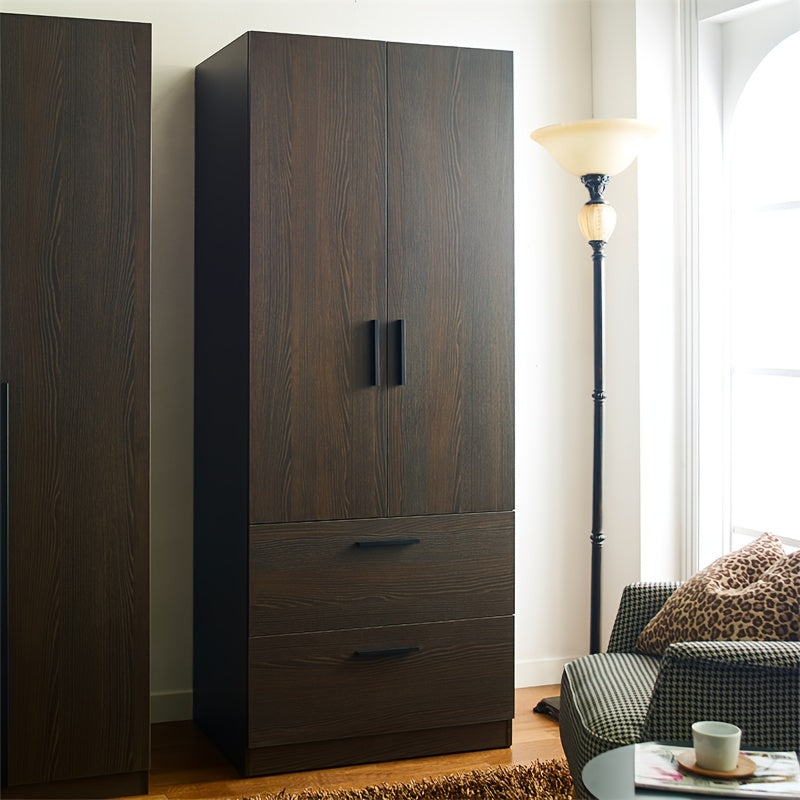 Dark Brown Wooden Closet with Dual Doors, 2 Drawers & Hanging Rods - Spacious Storage Solution, Mounted Closet Systems