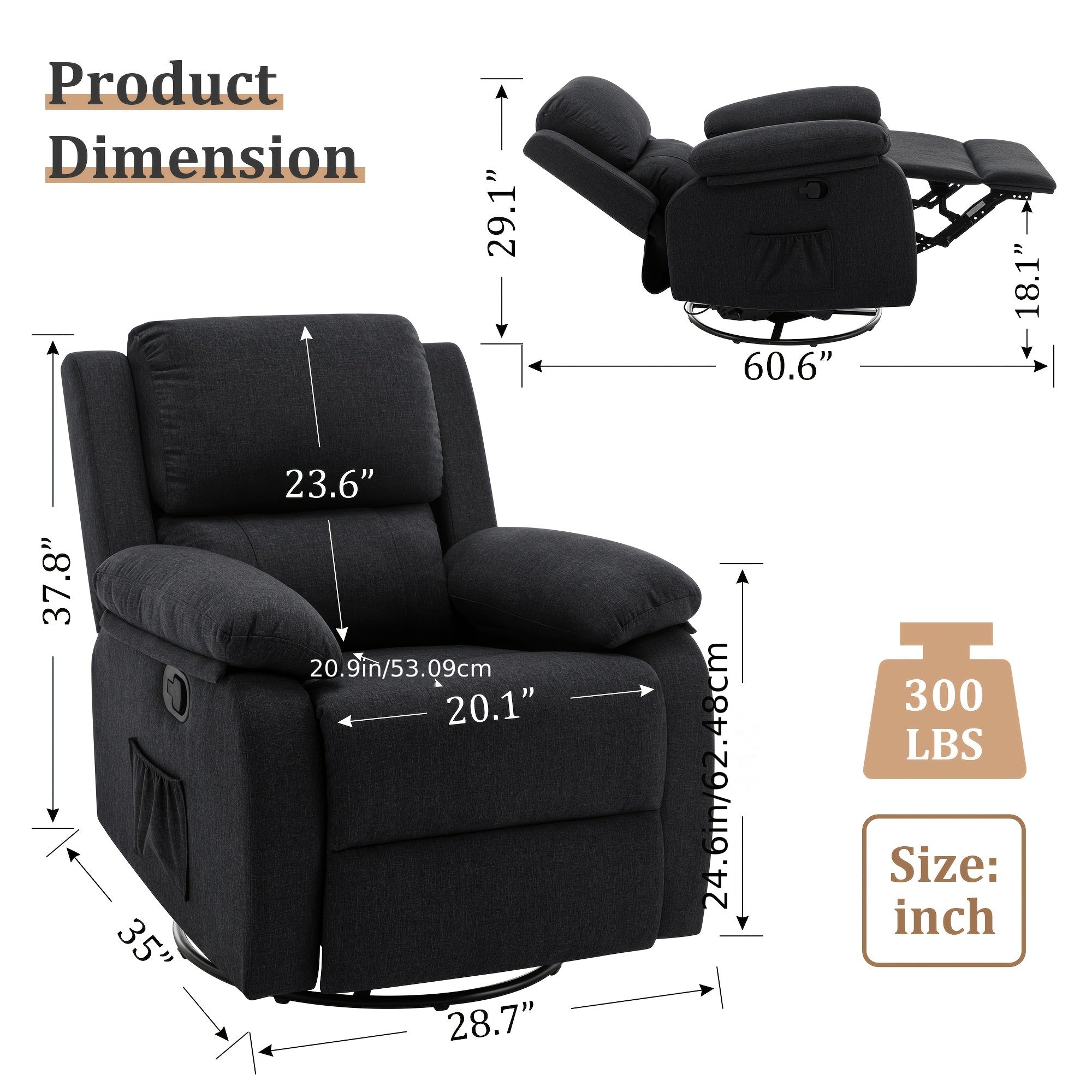 Contemporary Linen Upholstered Rocking Recliner Chair with 360 Swivel, Solid Back, Armrests, and Side Pockets - Hardwood Frame, Foam Filled, Iron Construction for Living Room and Kitchen Use