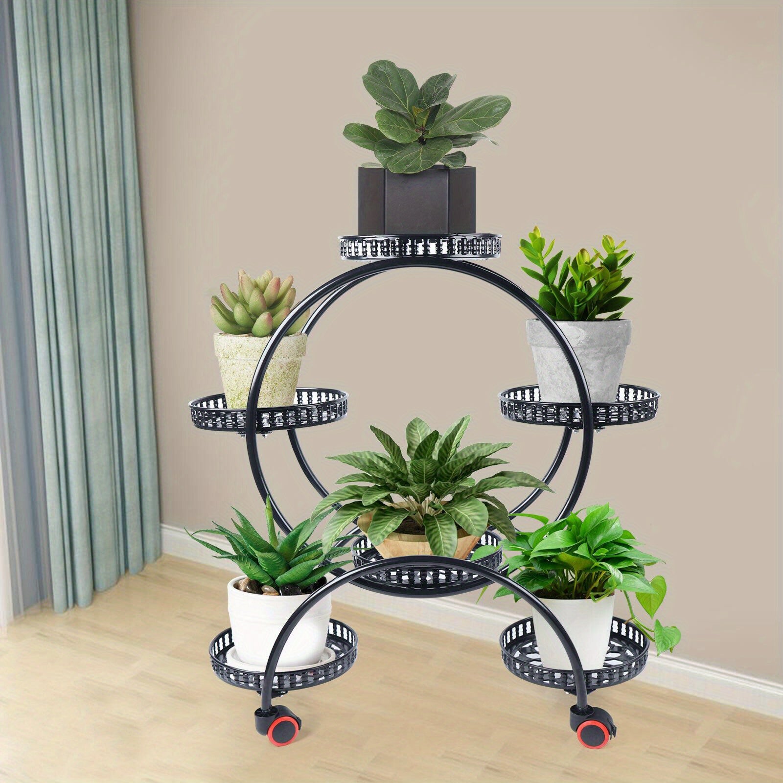 Modern 6-Tier Iron Plant Stand with Wheels - Indoor/Outdoor Flower Pot Rack Display Shelf, Black